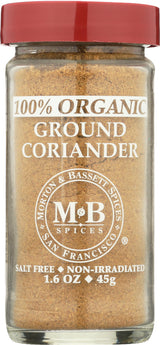 Morton & Bassett 100% Organic Ground Coriander | Warm, Citrusy Spice for Global Cooking | Gluten Free, Salt Free, Non-GMO | 1.6 oz Jar