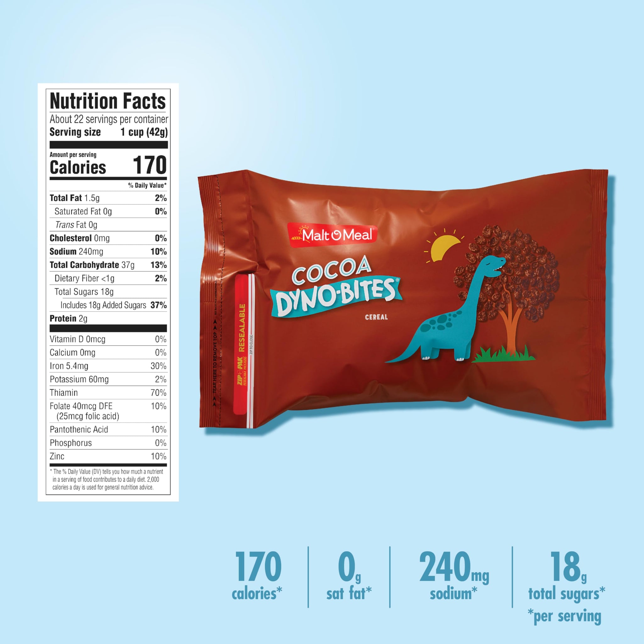 Malt-O-Meal Cocoa Dyno Bites Gluten Free Breakfast Cereal, Crispy Rice Puffs, Large Size for Family, 32 oz Resealable Bag