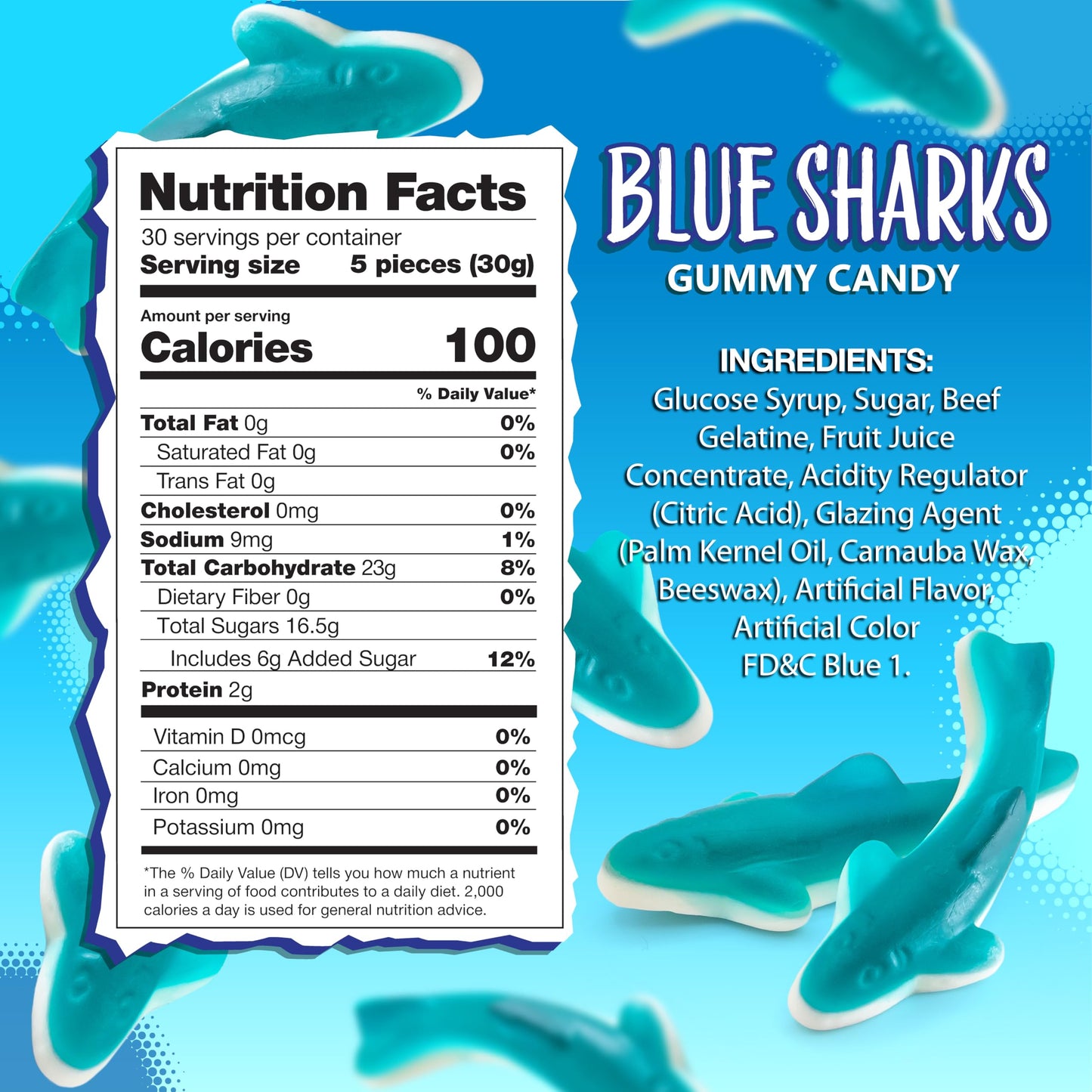 Blue Sharks Gummy Candy |2-Pound Bag | Made with Real Fruit Juice