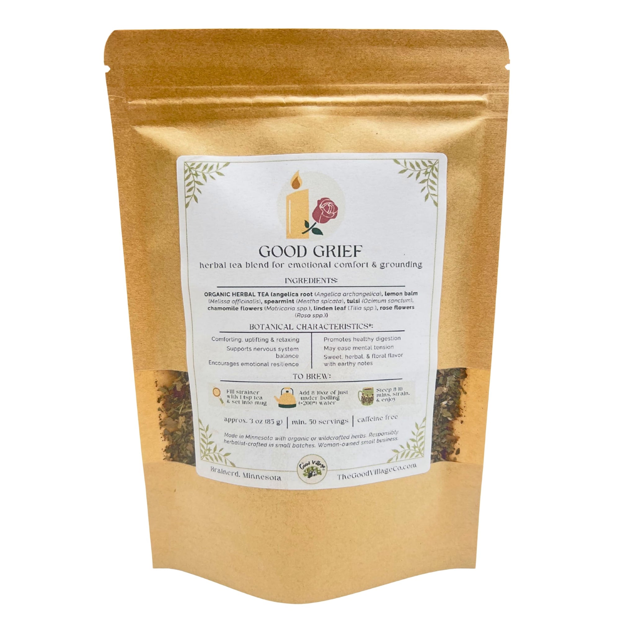 The Good Village Co. Good Grief Loose Leaf Herbal Tea, Caffeine Free Botanical Blend with Lemon Balm, Chamomile & Lavender, 3 oz, Approx. 50 Servings