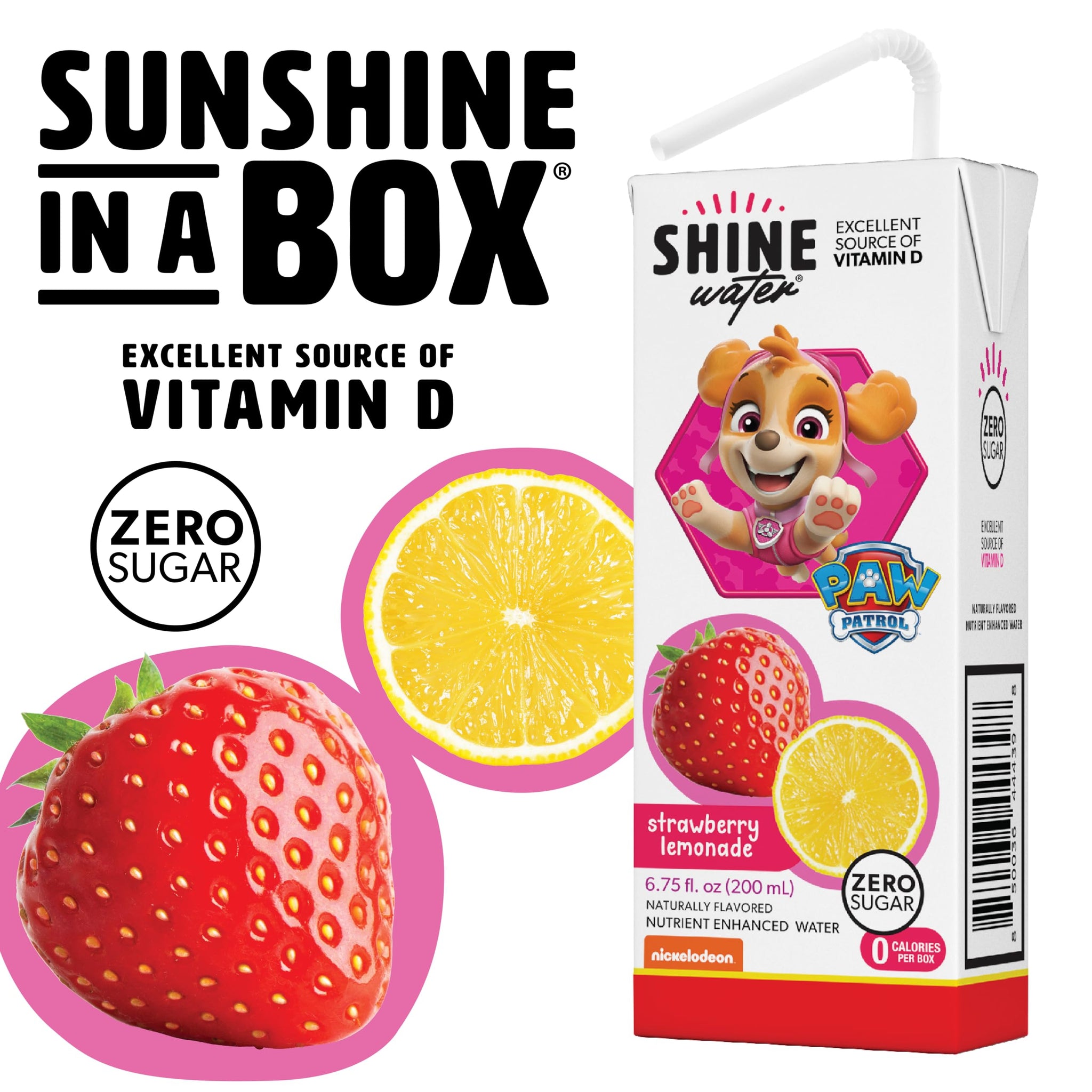 Shine Water Strawberry Lemonade Kids Drink Box- Pack of 8 (6.75 Fl Oz Each) - Naturally Flavored Water with Vitamin D, Zero Sugar, Low Calorie