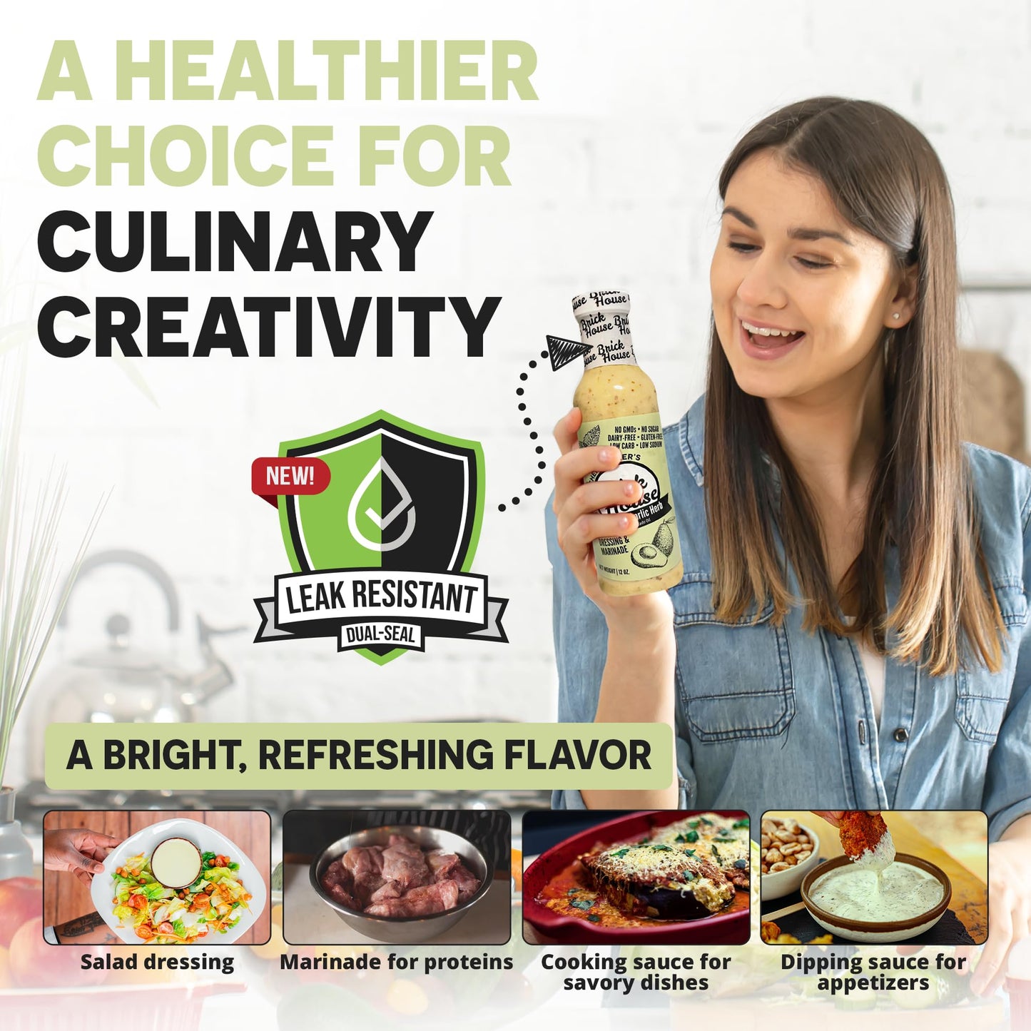 Brick House Creamy Garlic Herb Vinaigrette Dressing & Marinade, 12 oz, Low Sodium, Zero Carb, Dairy Free, Gluten Free, Non-GMO, No Sugar, Keto