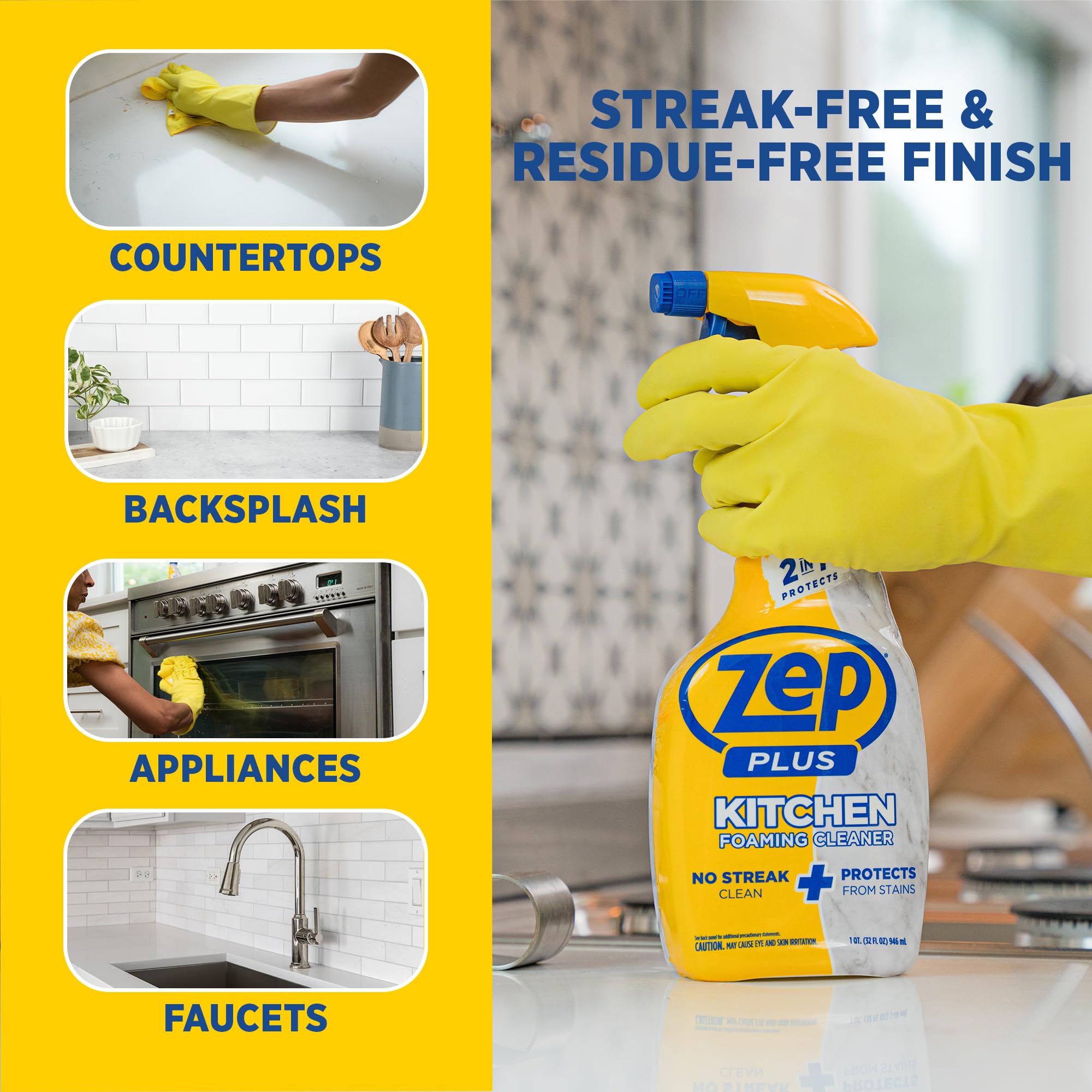 Zep Plus Foaming Kitchen Cleaner 32 oz (2 Units) & a Blue Microfiber Rag ECBD024-2-Pack No-Streak Cleaner for Kitchen Countertops Backsplashes