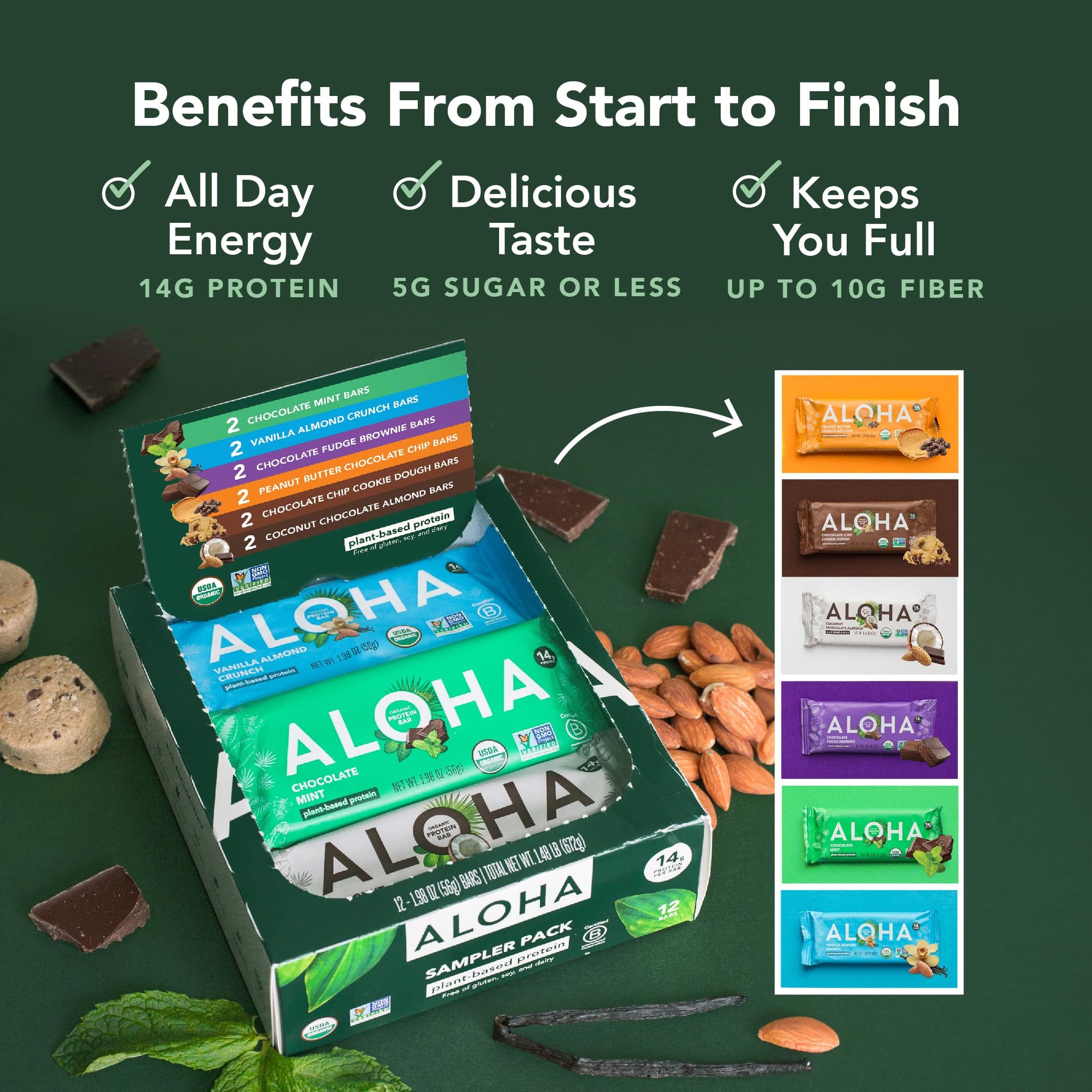 ALOHA Organic Plant Based Protein Bars - 6 Flavor Variety Pack - 12 Count, 1.9oz Bars - Vegan Snacks, Low Sugar, Gluten-Free, Low Carb, Paleo