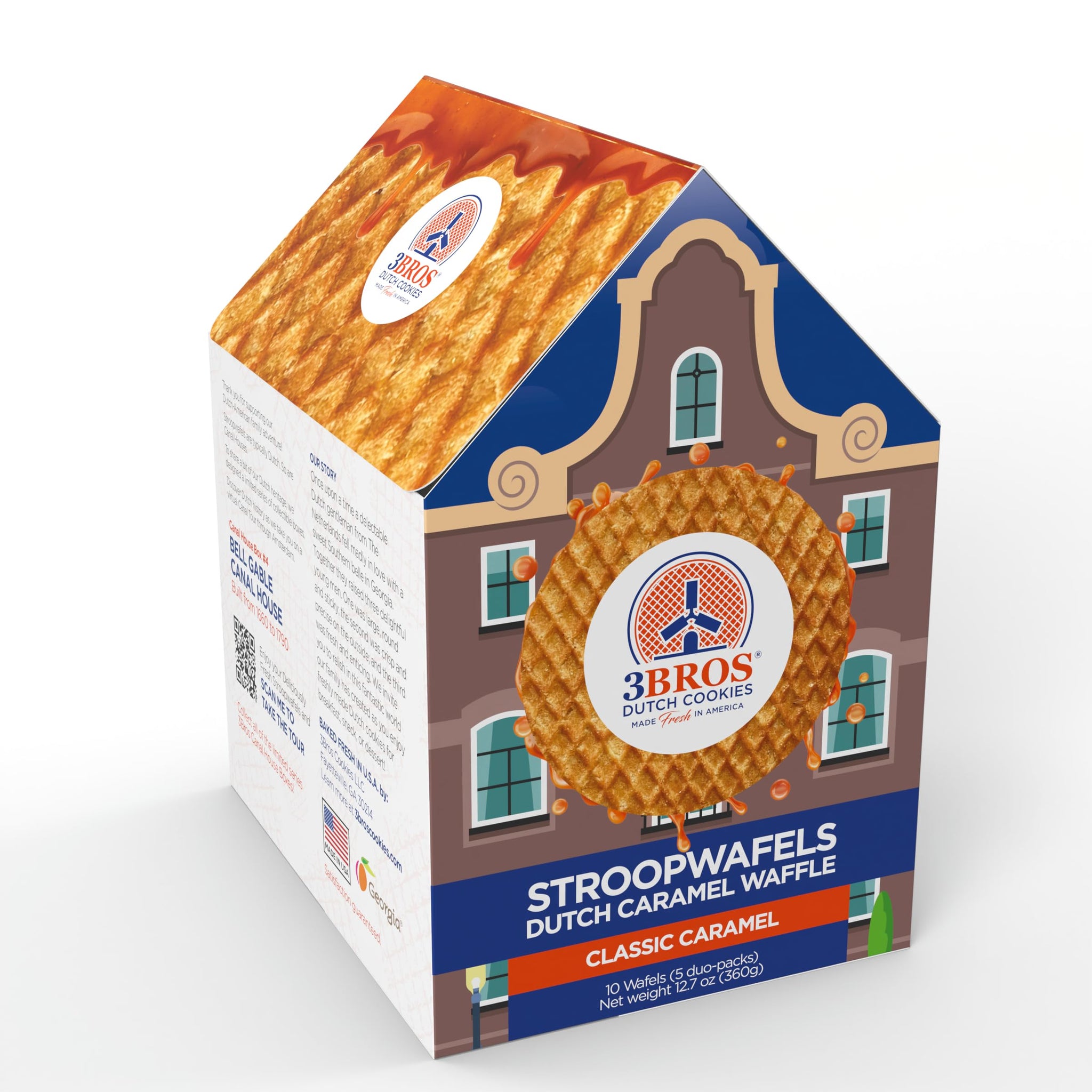 3Bros Stroopwafels, Dutch Caramel-Filled Waffle Cookies, 10 Count, in Canal House Box, Soft Toasted Outside With Buttery Caramel Filling, Made in USA