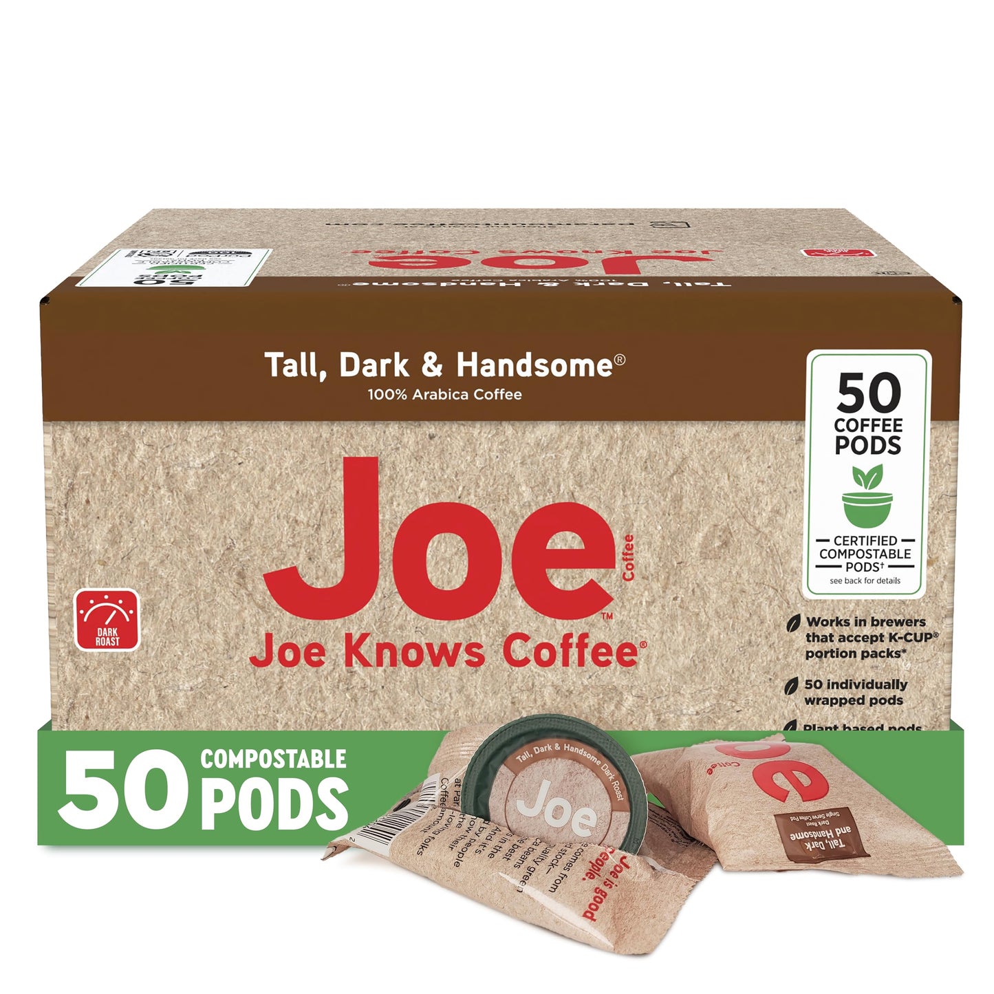 Joe Knows Coffee, Tall Dark & Handsome - 50 Count Compostable Dark Roast Coffee Pods | Bold & Rich Flavor | Compatible With K-Cup Brewers |