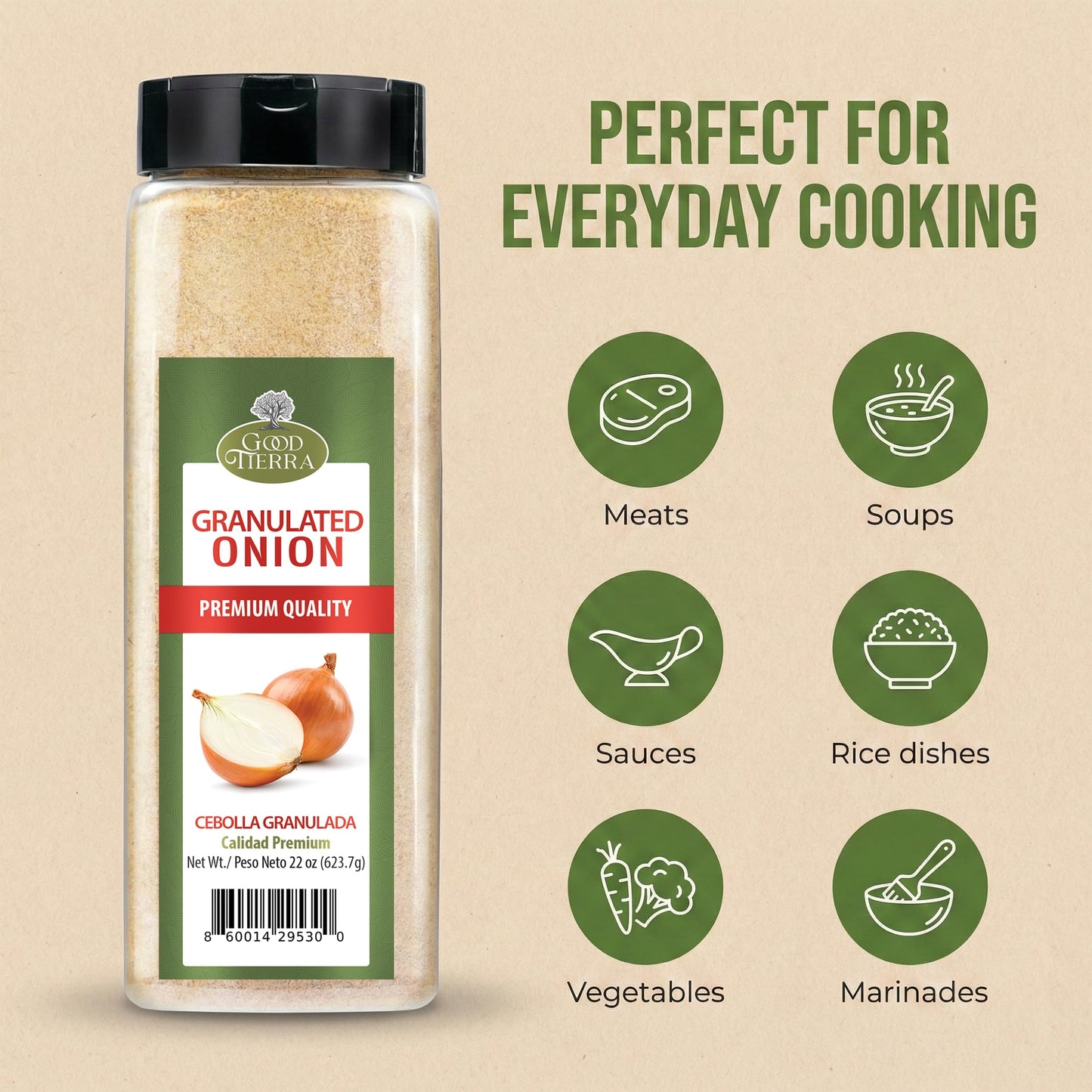 Good Tierra Granulated Onion 22 oz - Dehydrated Onion Powder for Cooking, All Purpose Seasoning, Culinary Gourmet Spice (6 Pack)