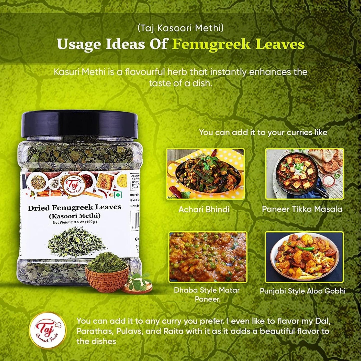 TAJ Kasoori Methi | 1oz (28g) | Dried Fenugreek Leaves | Indian Origin | GMO-Free All-Natural
