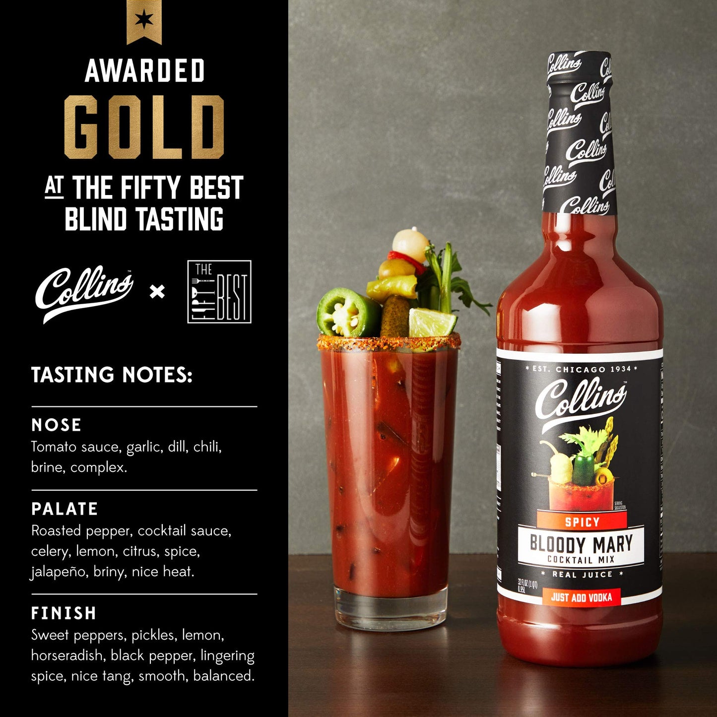 Collins Spicy Bloody Mary Mix, Made With Tomato, Garlic, Worcestershire, Horseradish, Cayenne and Other Spices, Brunch Cocktail Recipe, Bartender