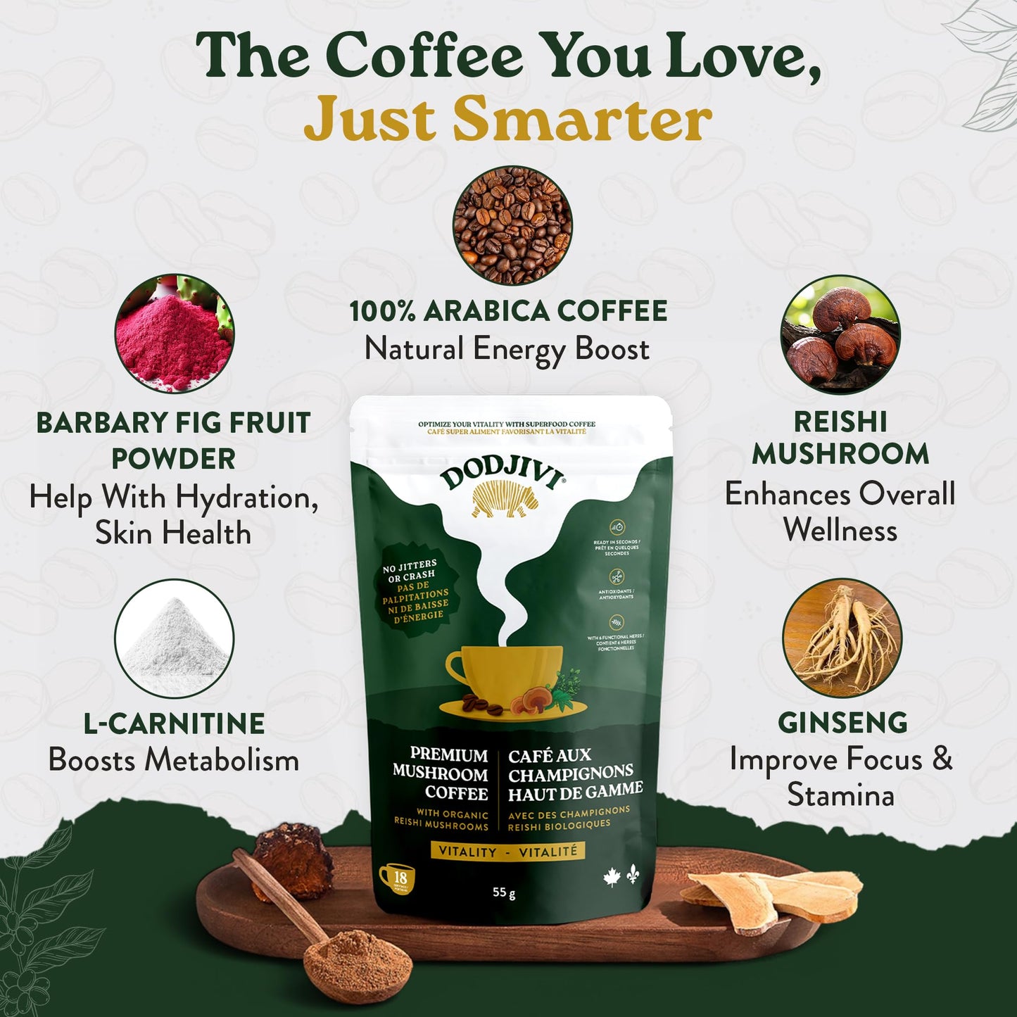 Dodjivi Organic Reishi Mushroom Coffee, Sustained Energy & Focus, Instant Coffee, Arabica with Adaptogenic Herbs, Sugar-Free, Vegan, Keto-Friendly