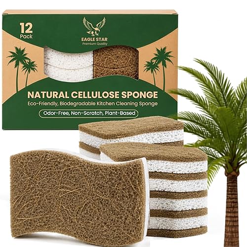 Natural Brown Cellulose Kitchen Sponges, 12 Pack - Plant-Based Coconut Dish Sponge, Non-Scratch Scrubber, Compostable & Biodegradable Eco-Friendly