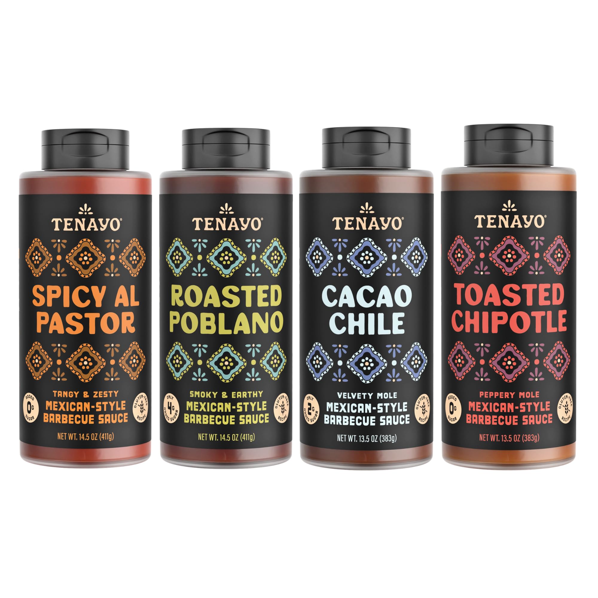 Tenayo Mexican Style Barbecue Sauce 4-Pack Variety (14.5 oz Bottles) - Spicy Al Pastor, Roasted Poblano, Toasted Chipotle & Cacao Chile - Low Sugar