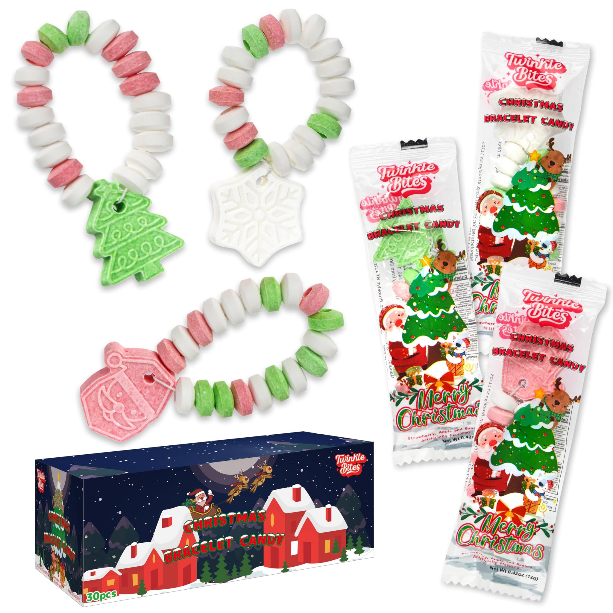 30 Pack Christmas Candy Bracelets - Individually Wrapped Holiday Themed Designs & Delicious Flavor -Bulk Christmas Candy Use For Stocking Stuffers