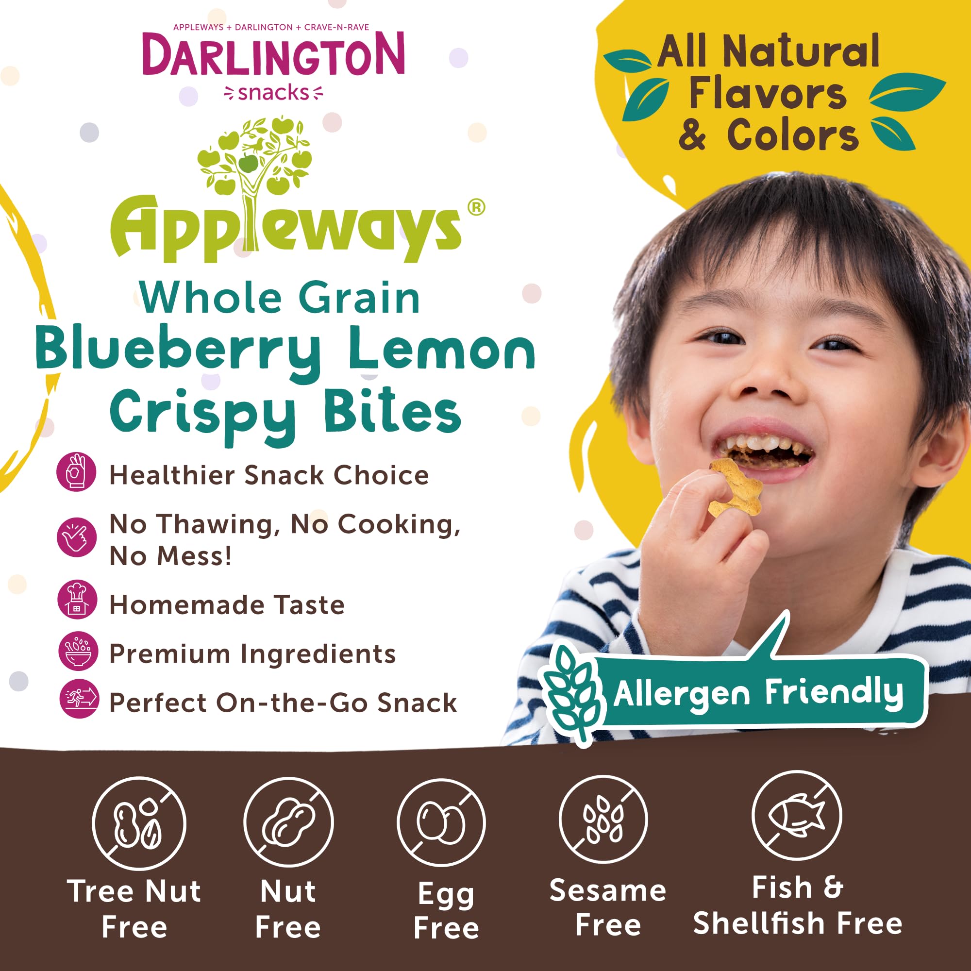 Appleways Whole Grain Blueberry Lemon Crispy Bites, 1 oz, 20 Count - Individually Wrapped Snacks, No Preservatives, Lunchbox Friendly, Nut-Free