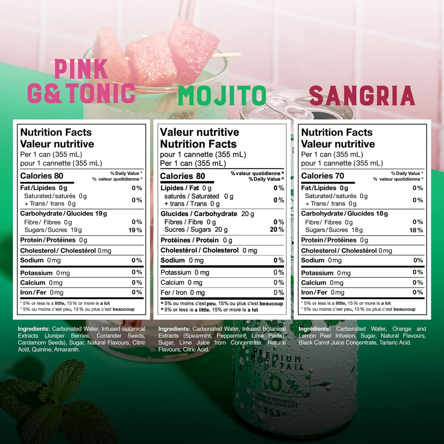 CLEVER - Nonalcoholic Mocktails Mix Pack, 3 Mocktails Non-alcoholic Drinks: Mojito, Sangria & Pink G & Tonic, Low-Calorie All-Occasion Refreshing