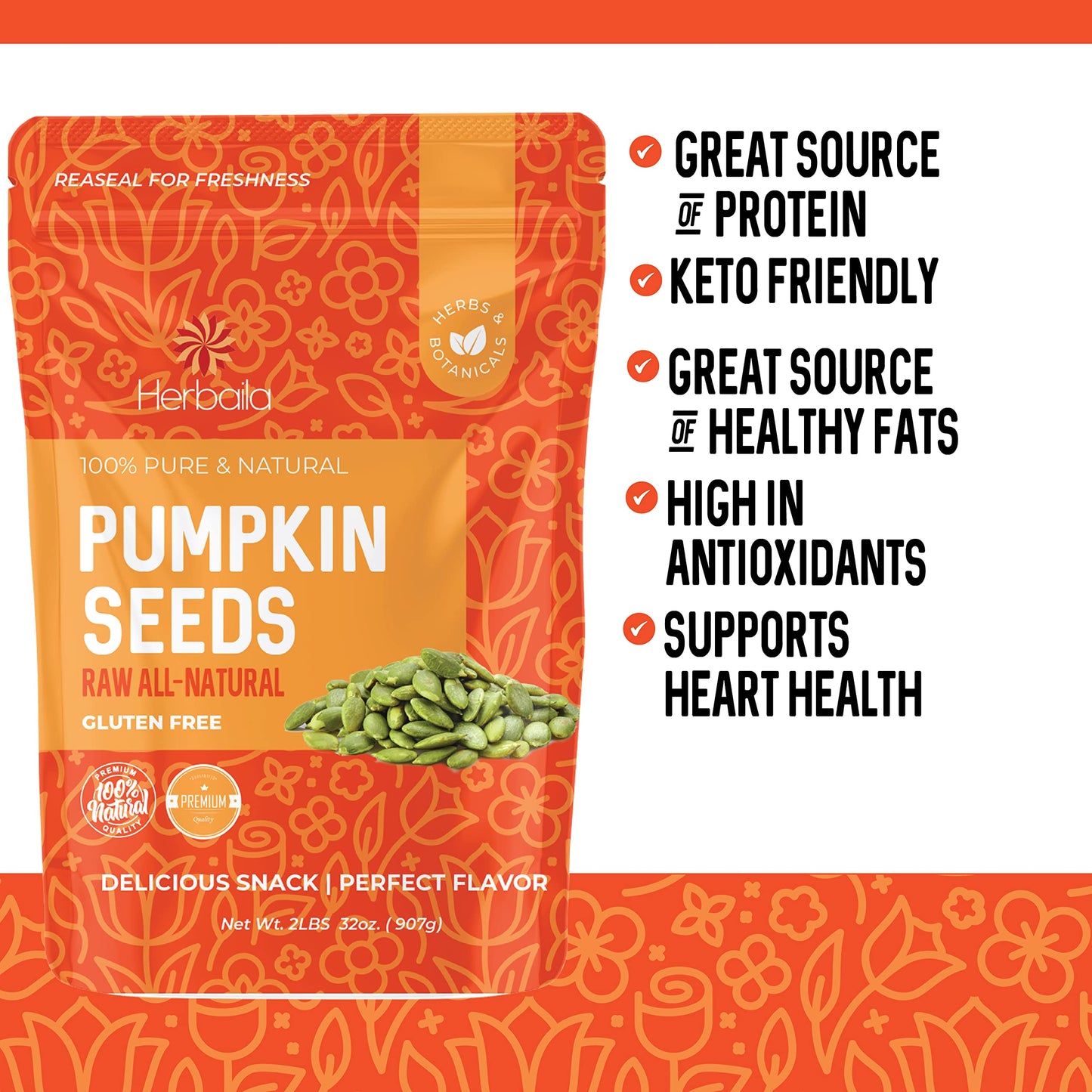 Herbaila Pumpkin Seeds Raw Unsalted, 2 lbs. Pepitas Raw Pumpkin Seeds Unsalted, Pumpkin Seed, Shelled Pumpkin Seeds, Unsalted. All Natural, Non-GMO