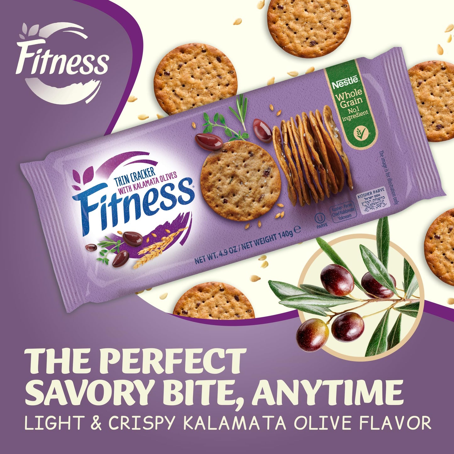 Nestle Fitness Thins Kalamata Olive Crackers (2-Pack) - Whole Grain, Kosher Certified, 100 Calories Per Serving - Perfect for Pairing with Dips