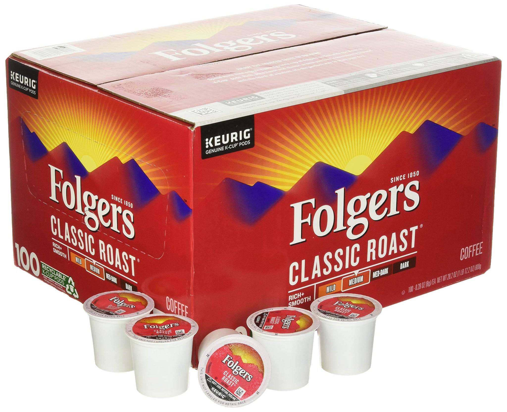 Folger's Medium Classic Roast Coffee 100 K Cup Pods/ 0.28 Ounce Net Wt 28.2 Ounce, Rich + Smooth, 28.2 Ounce
