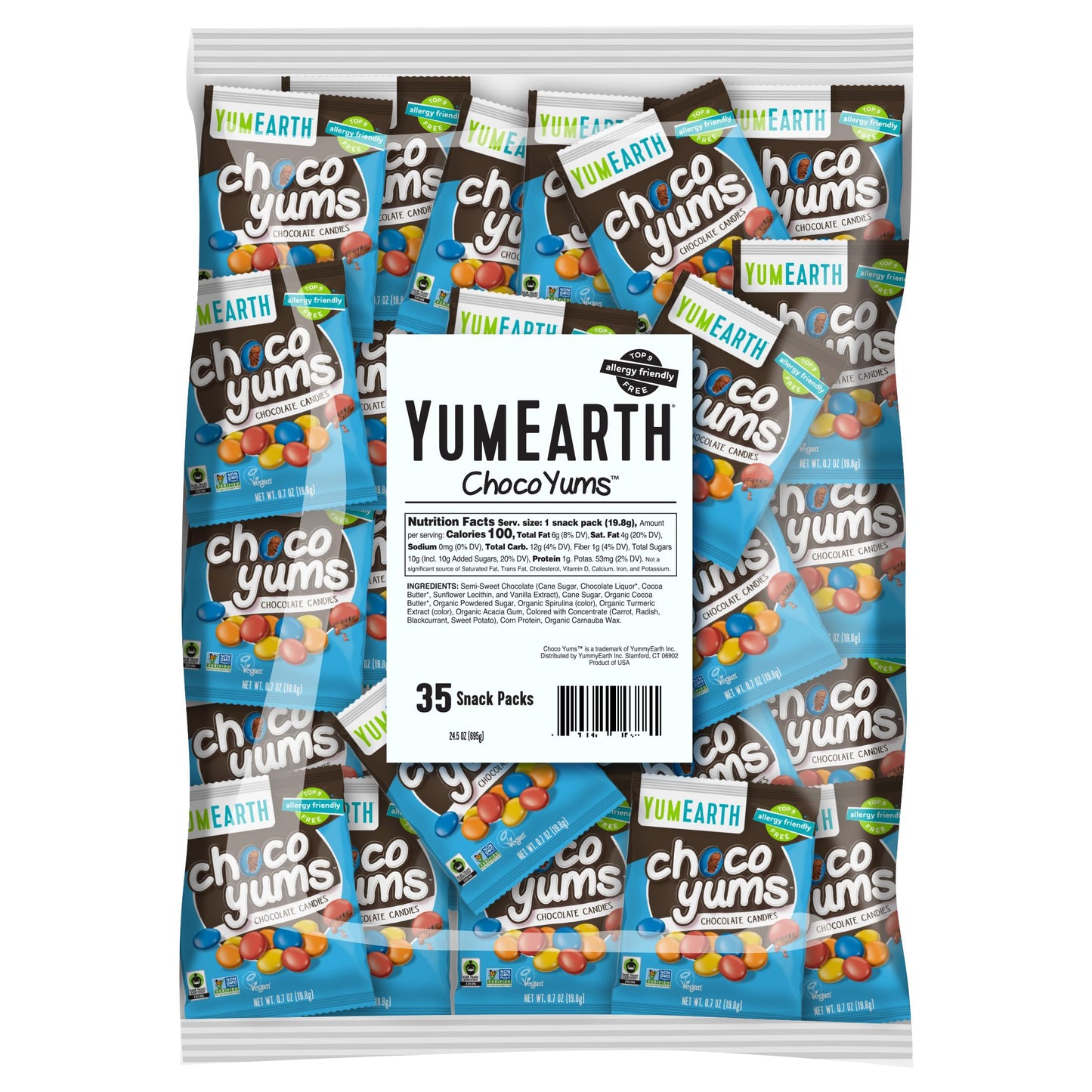 YumEarth Choco Yums Fun Size Vegan Milk Chocolate Candy - Bulk Bag of Dairy, Allergen and Dye Free Chocolate Candy Packs for Halloween - 35 Count