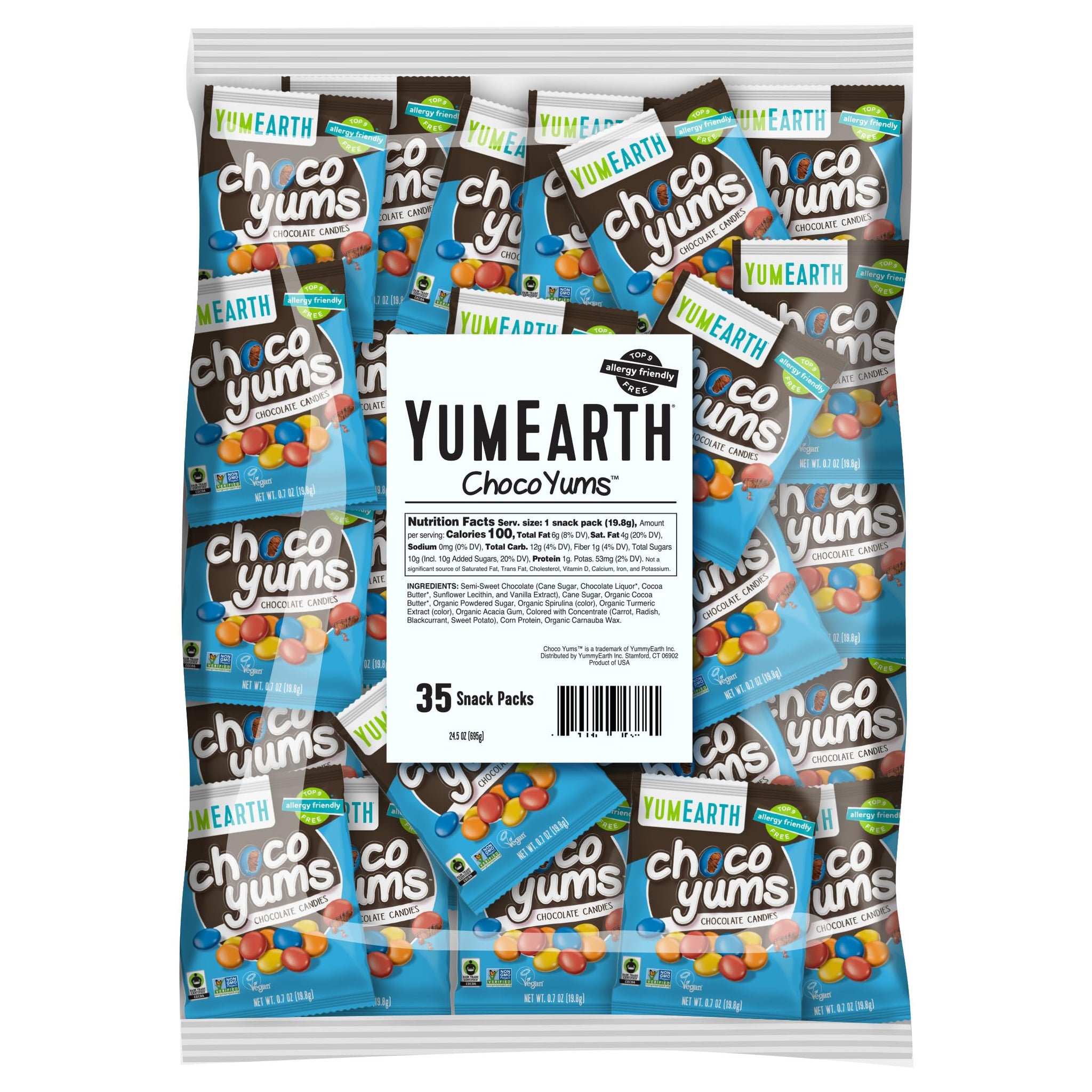 YumEarth Choco Yums Fun Size Vegan Milk Chocolate Candy - Bulk Bag of Dairy, Allergen and Dye Free Chocolate Candy Packs for Halloween - 35 Count