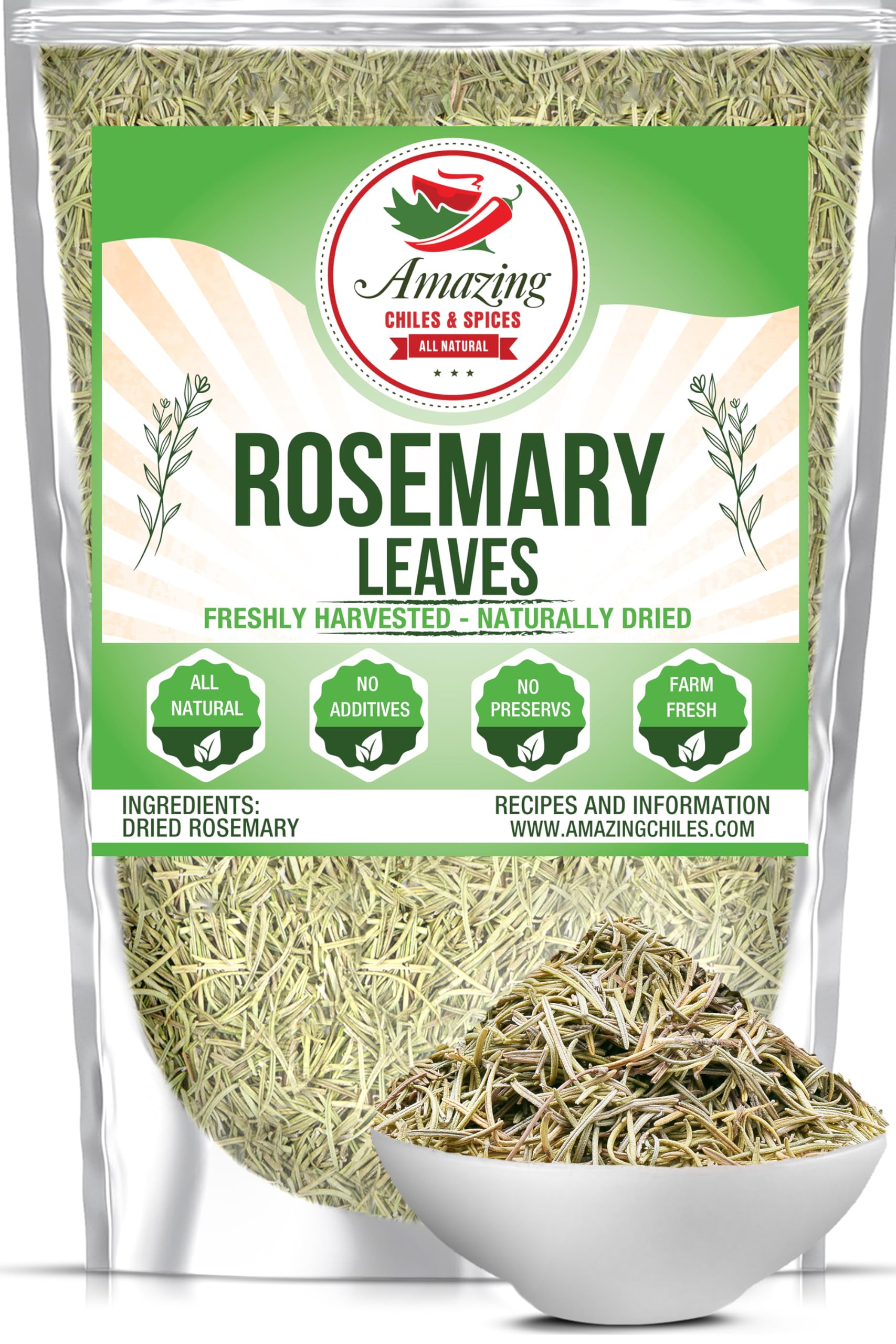 Dried Rosemary Leaves, 3 oz. Premium All Natural Herbs and Spices for Meat, Fish, Oils, Dips, Tea. Farm Fresh, Rich Savory Flavor by Amazing Chiles