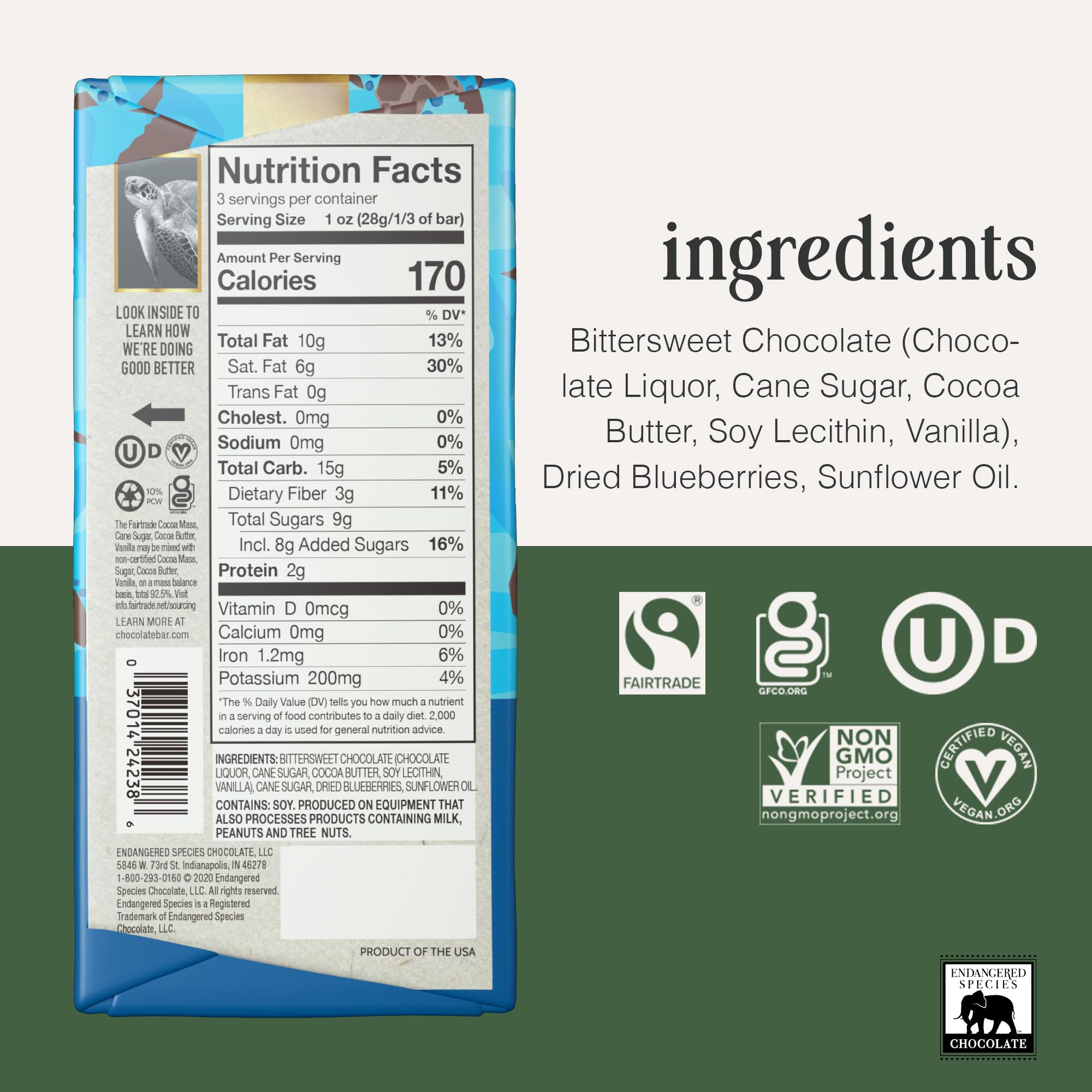 Endangered Species Dark Chocolate Bar with Blueberries (72% cocoa)