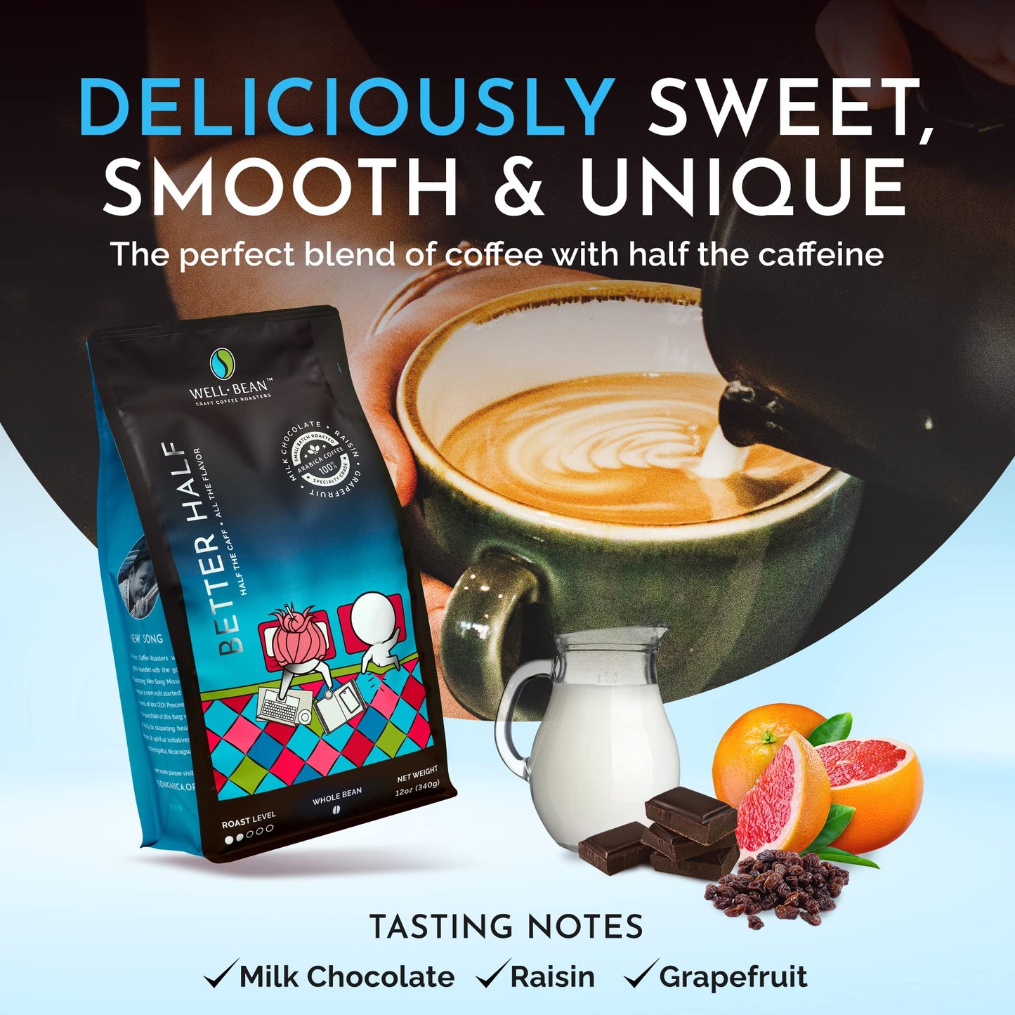 Well-Bean Coffee - Better Half, Light Roast, Half Caff, Whole Bean, Swiss-Water-Processed, No Chemicals, Small Batch, Soecialty Grade,12 oz, Pack of 1