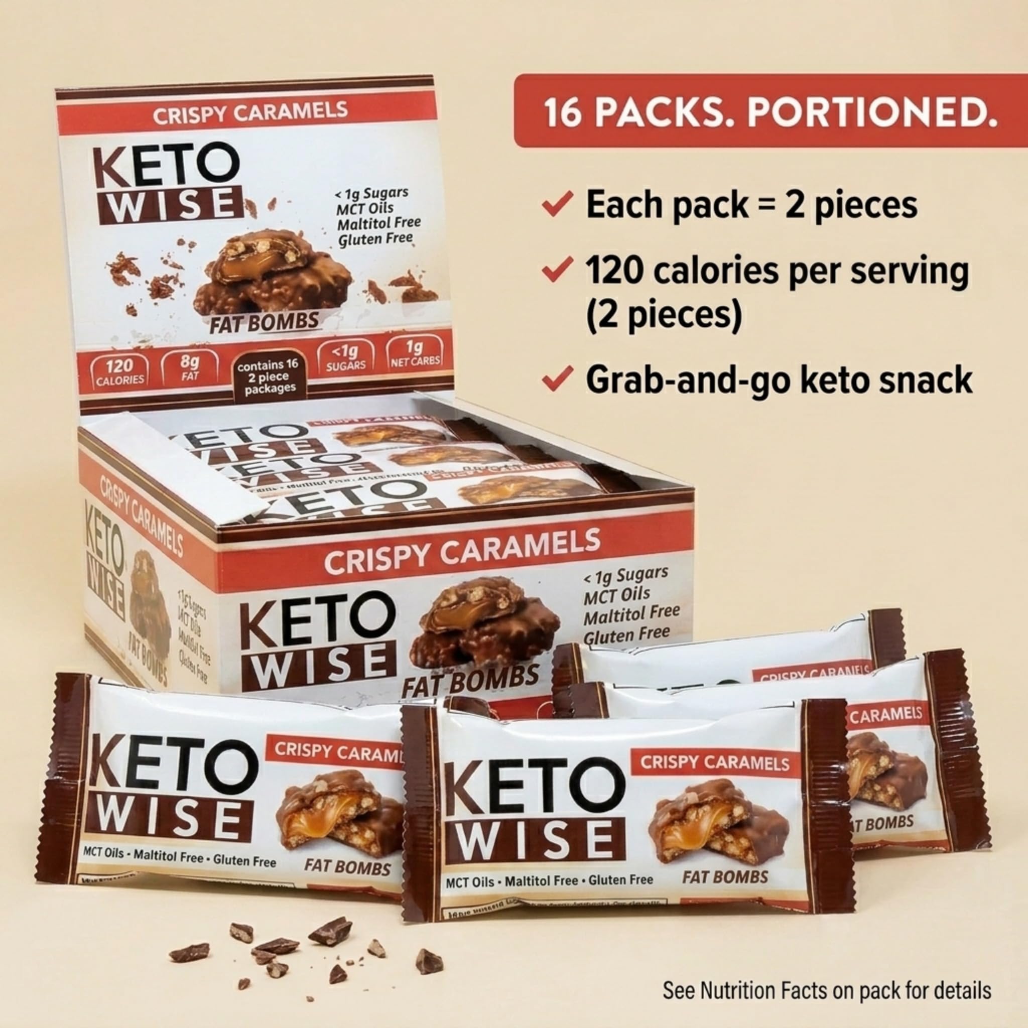 Keto Wise Fat Bombs - Made with Chocolate containing MCT Oil - Low Fat, Low Carb and Keto Friendly Snack - 8g Fat, 1g Net Carbs | Crispy Caramels