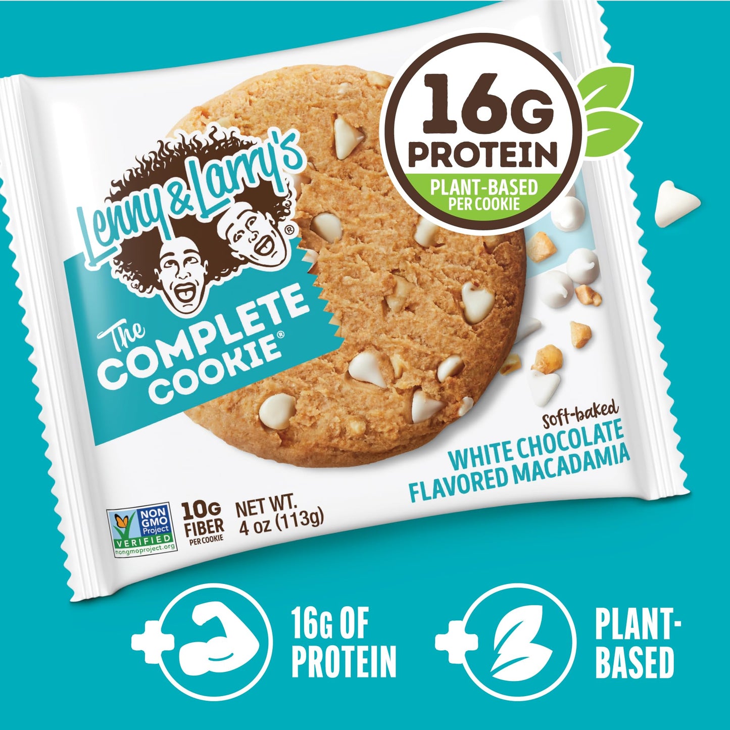 Lenny & Larry's Protein Cookie, [White Chocolate Flavored Macadamia], Chewy Soft Baked, 16g Plant Protein, Vegan, Non-GMO, High Fiber, 4 Ounce Cookie