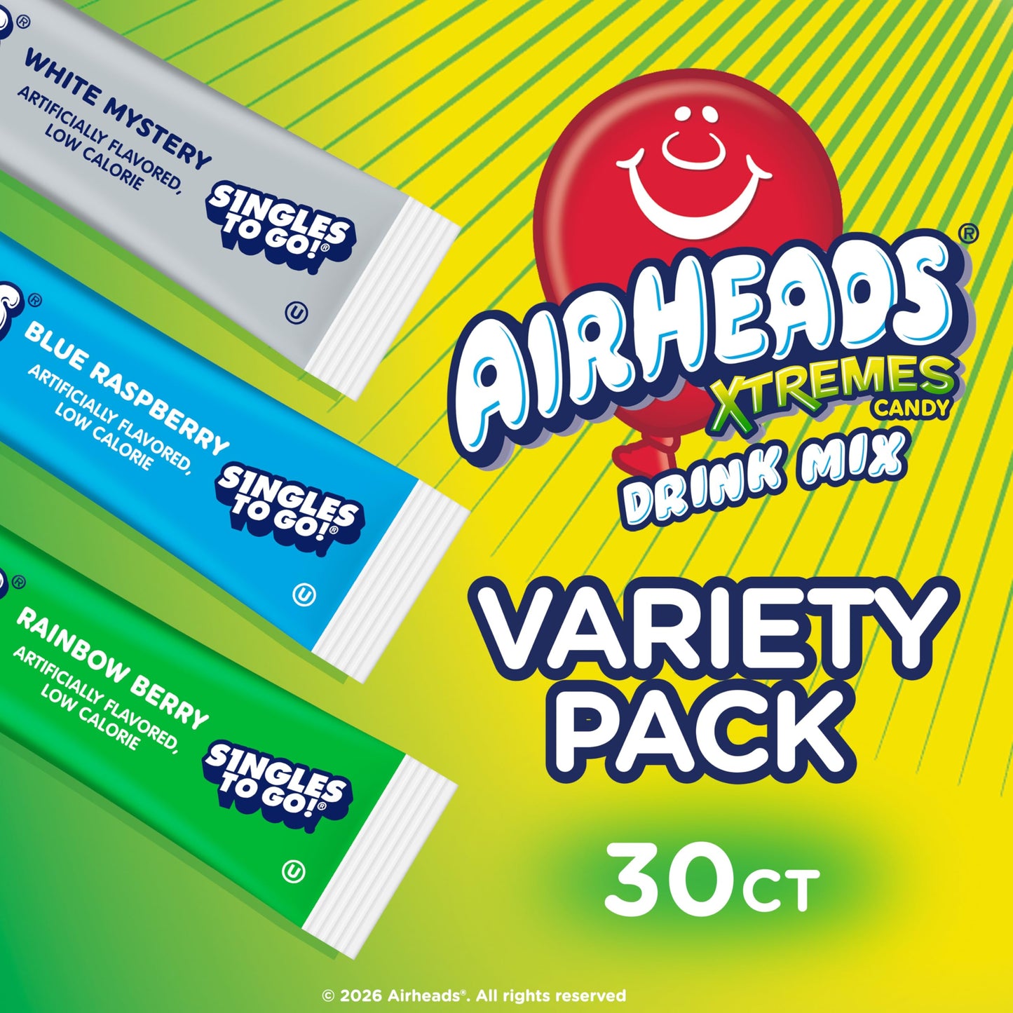 Airheads Xtreme Singles To Go! Drink Mix 30ct Variety Pack, Zero Sugar, Low Calorie, Sweet & Sour Powder Drink Mix Packets, Blue Raspberry, Rainbow