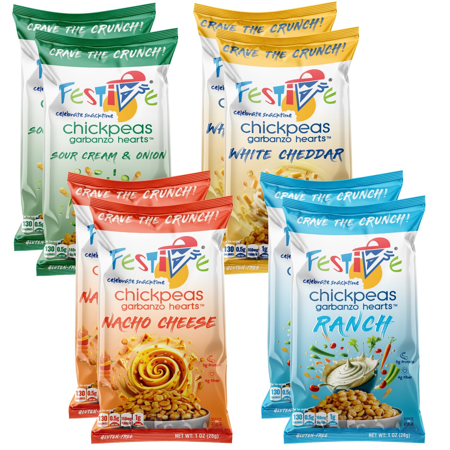Snack Festive Gourmet Cream Pack Roasted Chickpea Snacks, 8 Bags 1 oz Crunchy Protein Garbanzo Beans, Healthy Nut Free Vegan Non-GMO Soy-Free Balanced