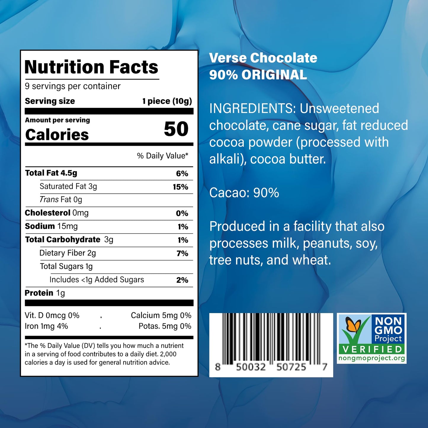 Verse 90% Dark Chocolate Squares - Gluten Free, Keto, Low Sugar Snack - Creamy Dark Cocoa - Only 1g Cane Sugar - Individually Wrapped, Vegan Cacao
