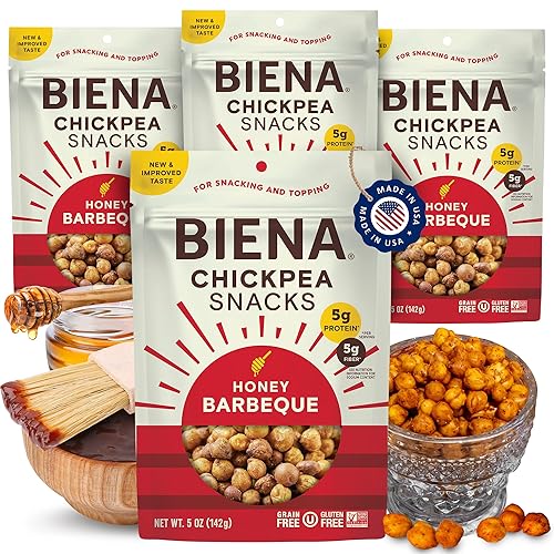 BIENA Chickpea Snacks - Crunchy Roasted Chickpeas - High Fiber Protein Snacks for Adults and Kids - 4-Pack, 5 Ounce Bags - Barbecue