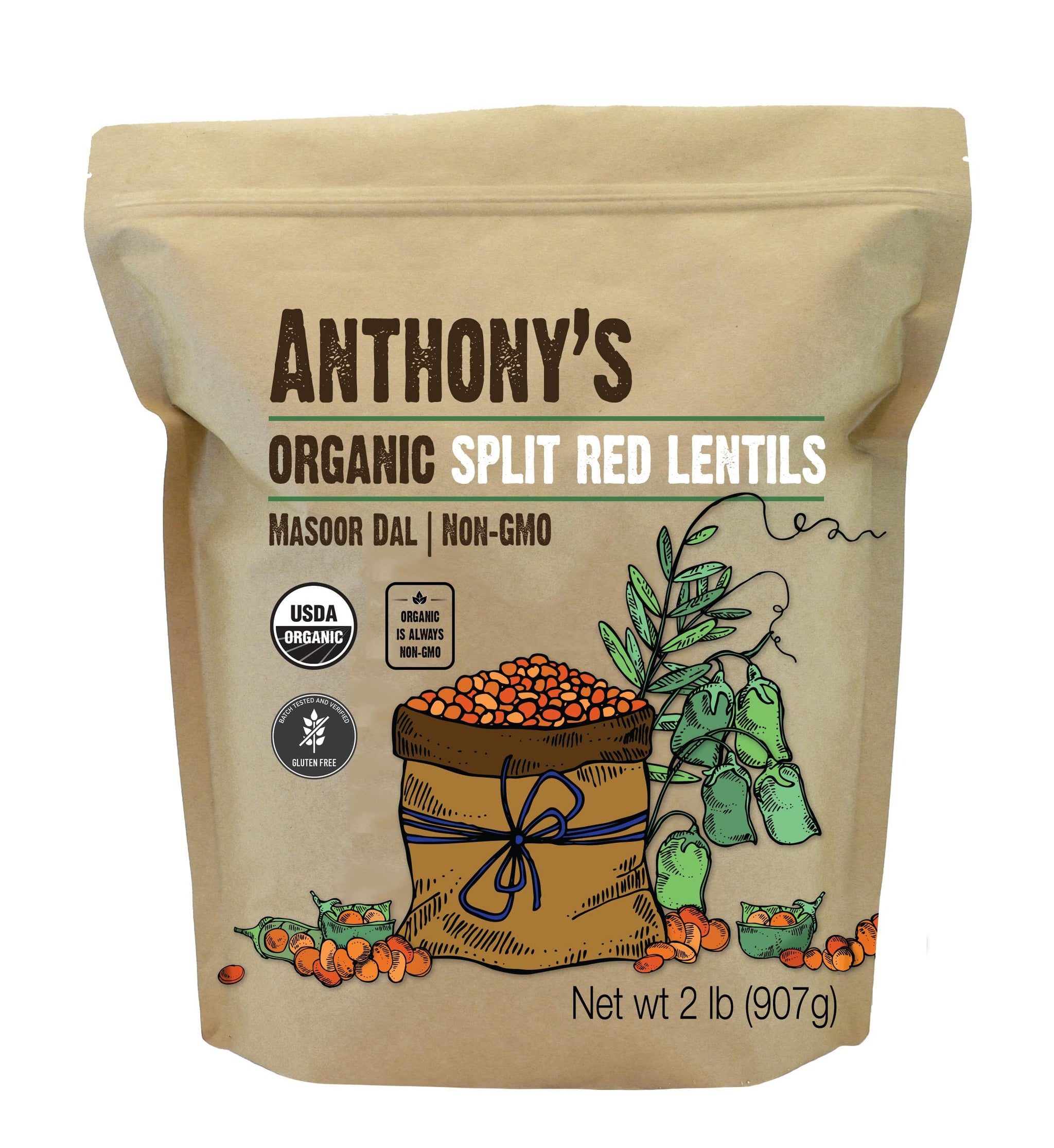 Anthony's Organic Split Red Lentils, 2 lb, Masoor Dal, Gluten Free, Non GMO, Vegan