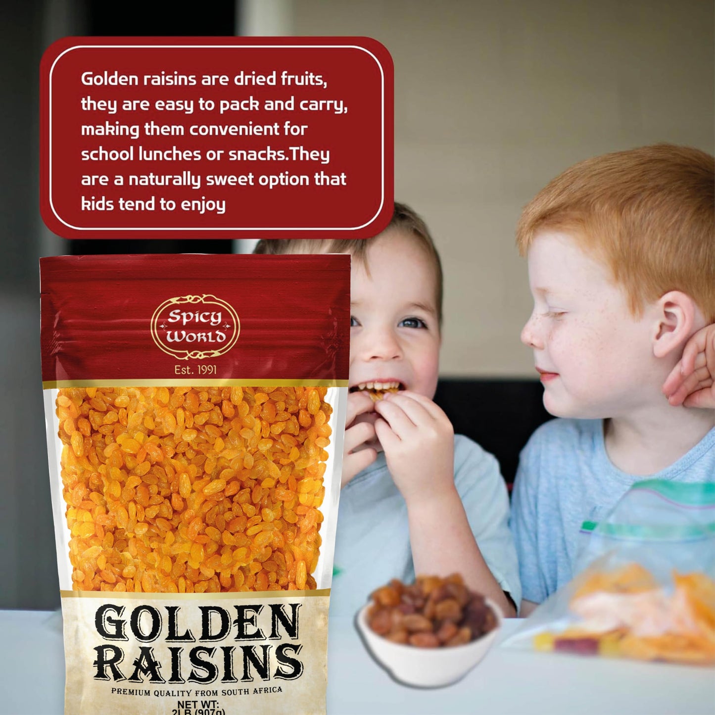 Spicy World Golden Raisins 2 LB Bulk Bag - Sweet & Seedless Sultanas from South Africa | | Perfectly Dried for Natural Sweetness | Ideal Dried Fruit