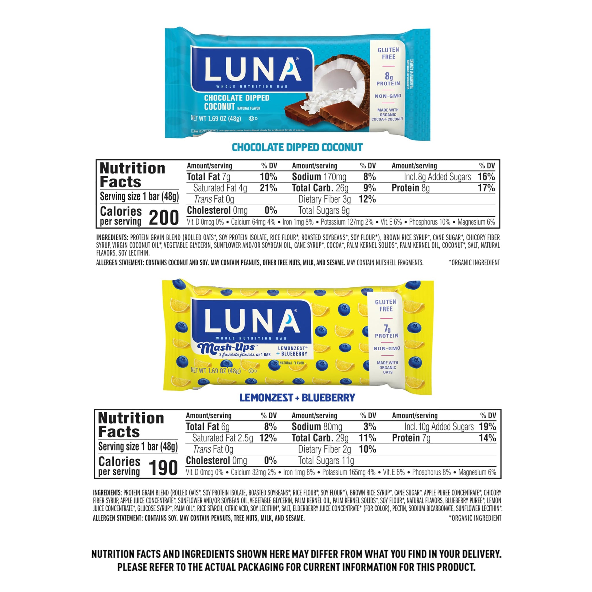LUNA Bar - Variety Pack - Chocolate Dipped Coconut and LemonZest + Blueberry Mash-Ups Flavor - Snack Bars - Non-GMO - Gluten-Free Protein Bars - Made