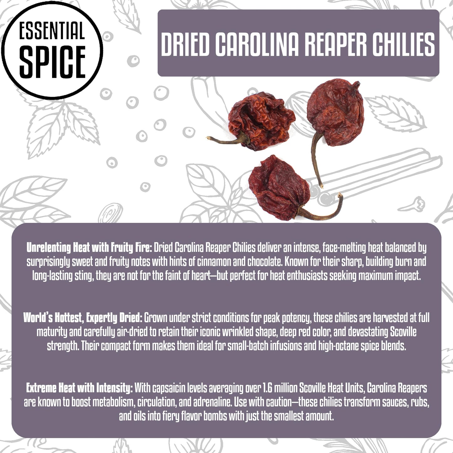 Essential Spice Dried Carolina Reaper Chilies, 1 lb - World’s Hottest Pepper with Sweet, Fruity Heat - Whole Dried Pods for Extreme Hot Sauces, Spicy