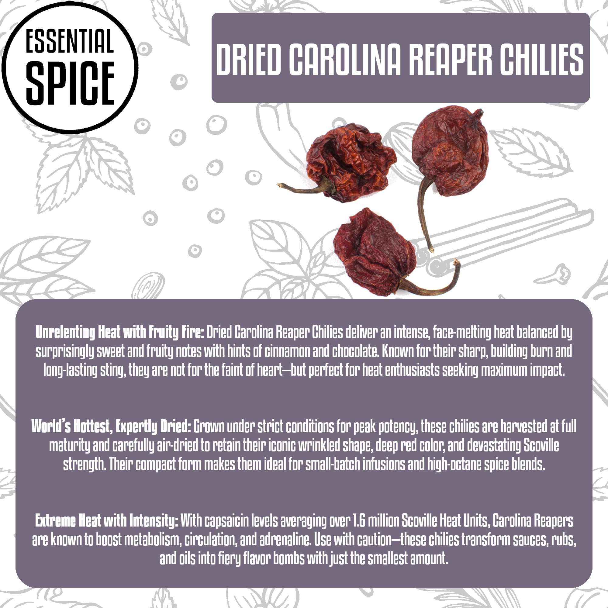 Essential Spice Dried Carolina Reaper Chilies, 1 lb - World’s Hottest Pepper with Sweet, Fruity Heat - Whole Dried Pods for Extreme Hot Sauces, Spicy