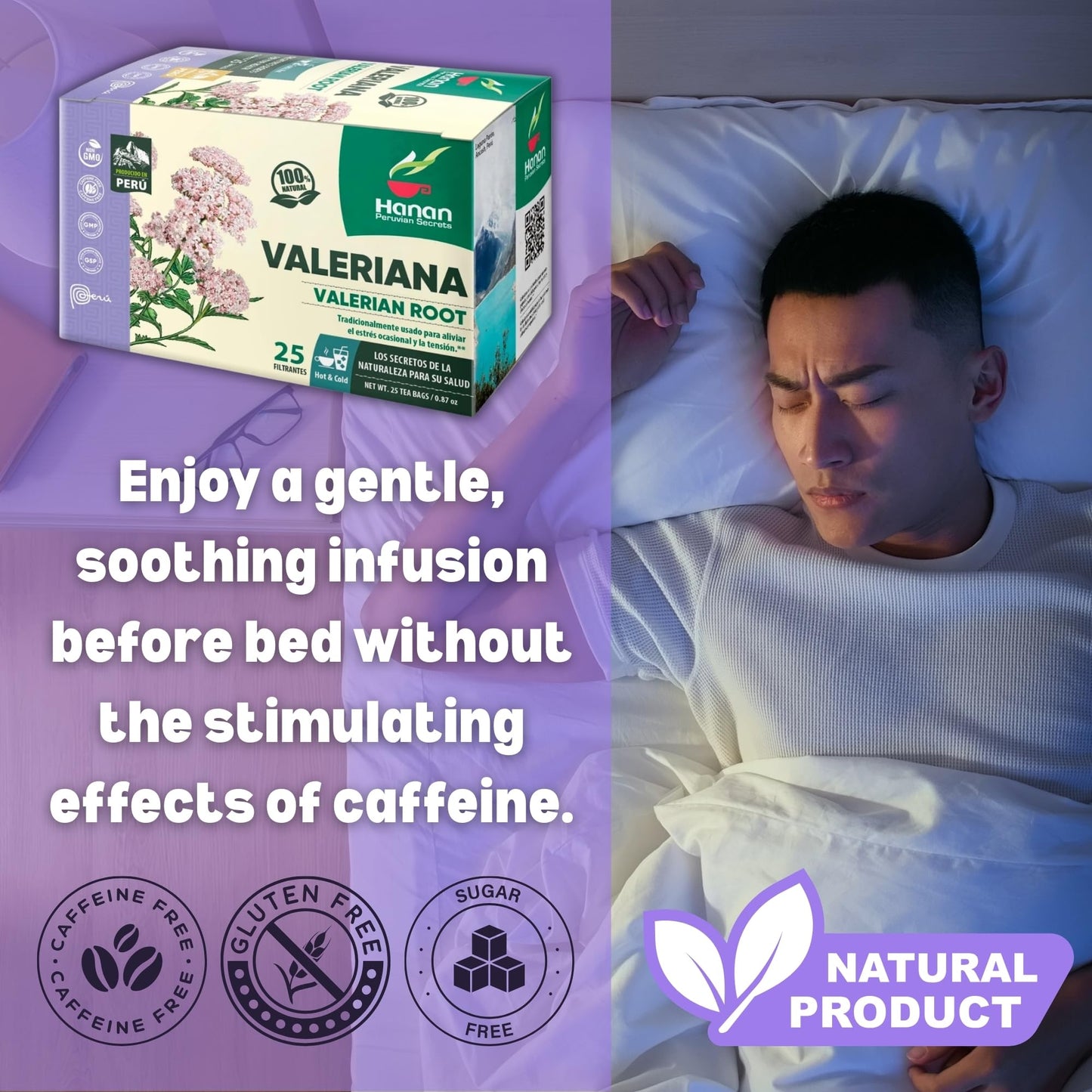 Hanan Valerian Root Tea (Valeriana) - 25 Herbal Tea Bags from Peru - Nature’s Calming Supplement for Relaxation Before Bed - 1000mg Valeerian Valerain
