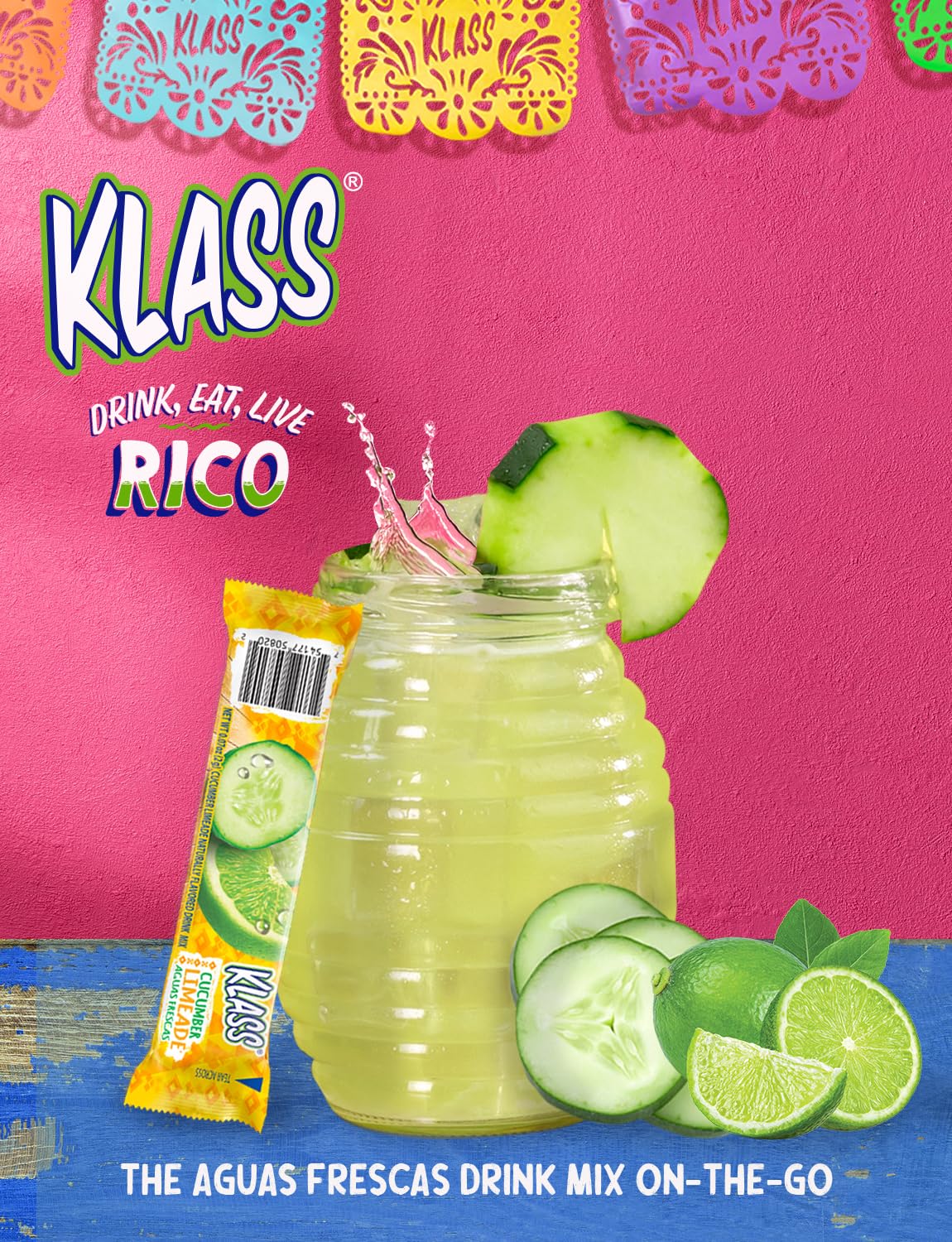 Klass Aguas Frescas, Powdered Drink Mix, 40 Singles Zero Sugar & Caffeine-Free Powder Packets, Water Drink Mix, Flavor: Cucumber Limeade - 5 Calories