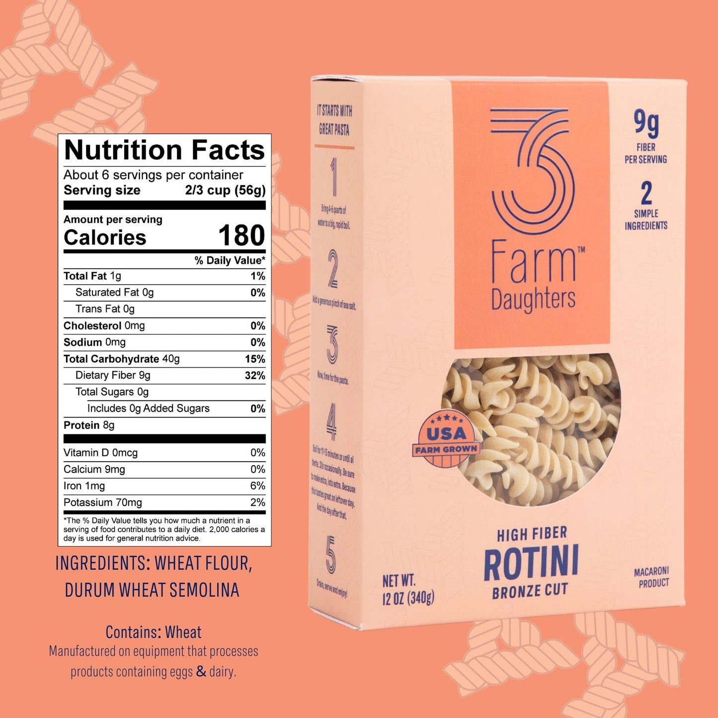 Three Farm Daughters High Fiber Pasta Rotini Pack, Low GI, Non GMO Rotini Pasta Noodles, Low Net Carb, Made in the USA, 12 oz. (1 Pack)