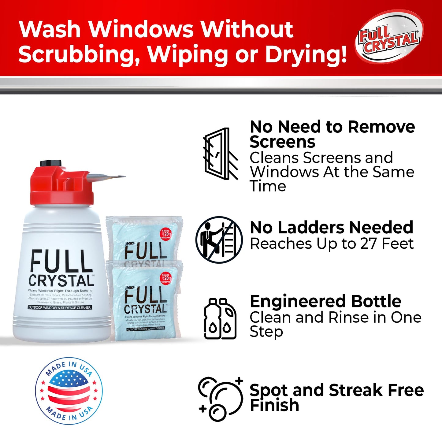 Full Crystal Window Cleaning Kit - 8 oz Glass Cleaner and Bottle with 27 ft Reach, Each 4 oz Bag Makes Up to 640 fl oz, Cleans Up to 40 Windows