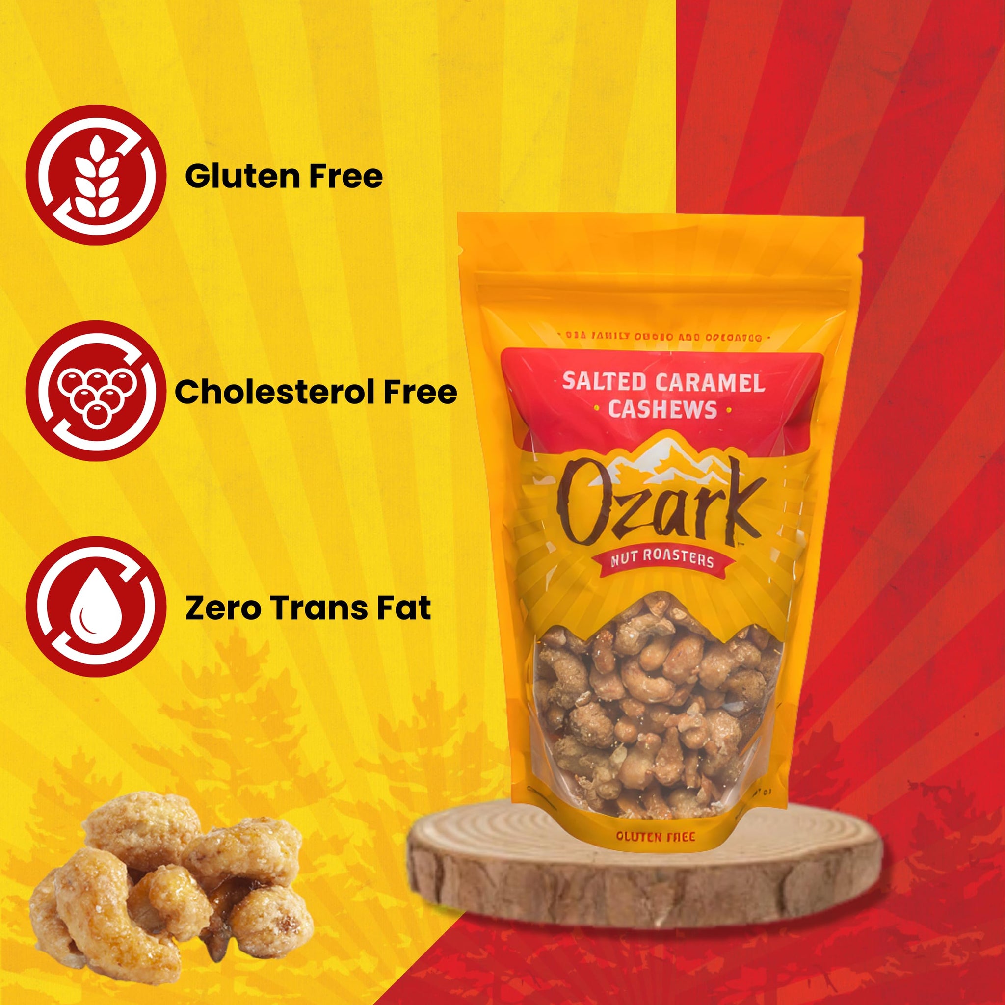 OZARK NUT ROASTERS, Salted Caramel Cashews, Flavored Snack Nuts, Gluten-Free Gourmet Candied Cashews, Blend of Sugar, Sea Salt & Caramel (14 oz)
