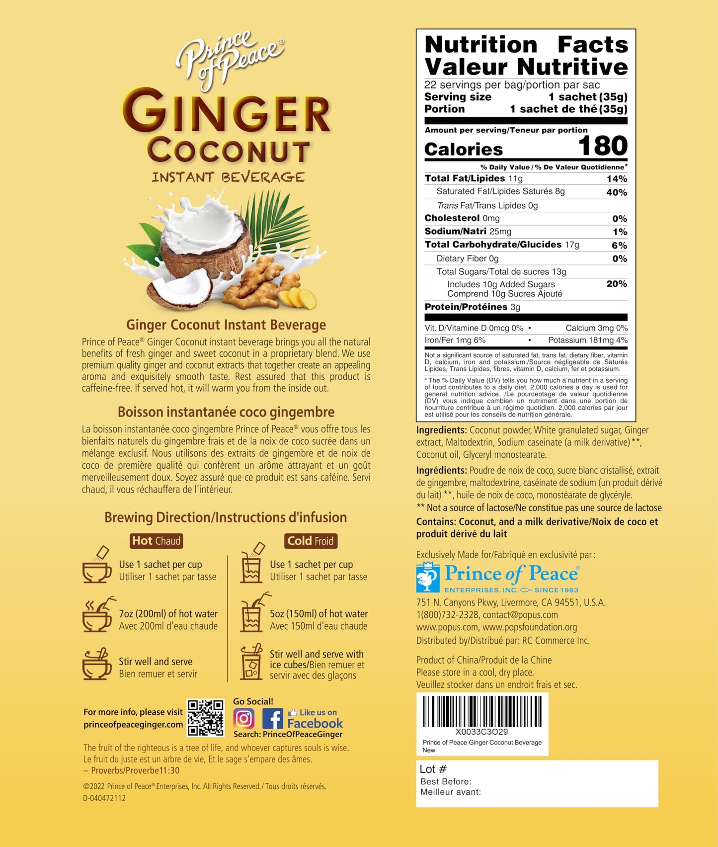 Prince of Peace Ginger Coconut Instant Beverage, 22 Sachets - Instant Hot or Cold Beverage that Soothes Throat - Easy to Brew - Caffeine and Gluten
