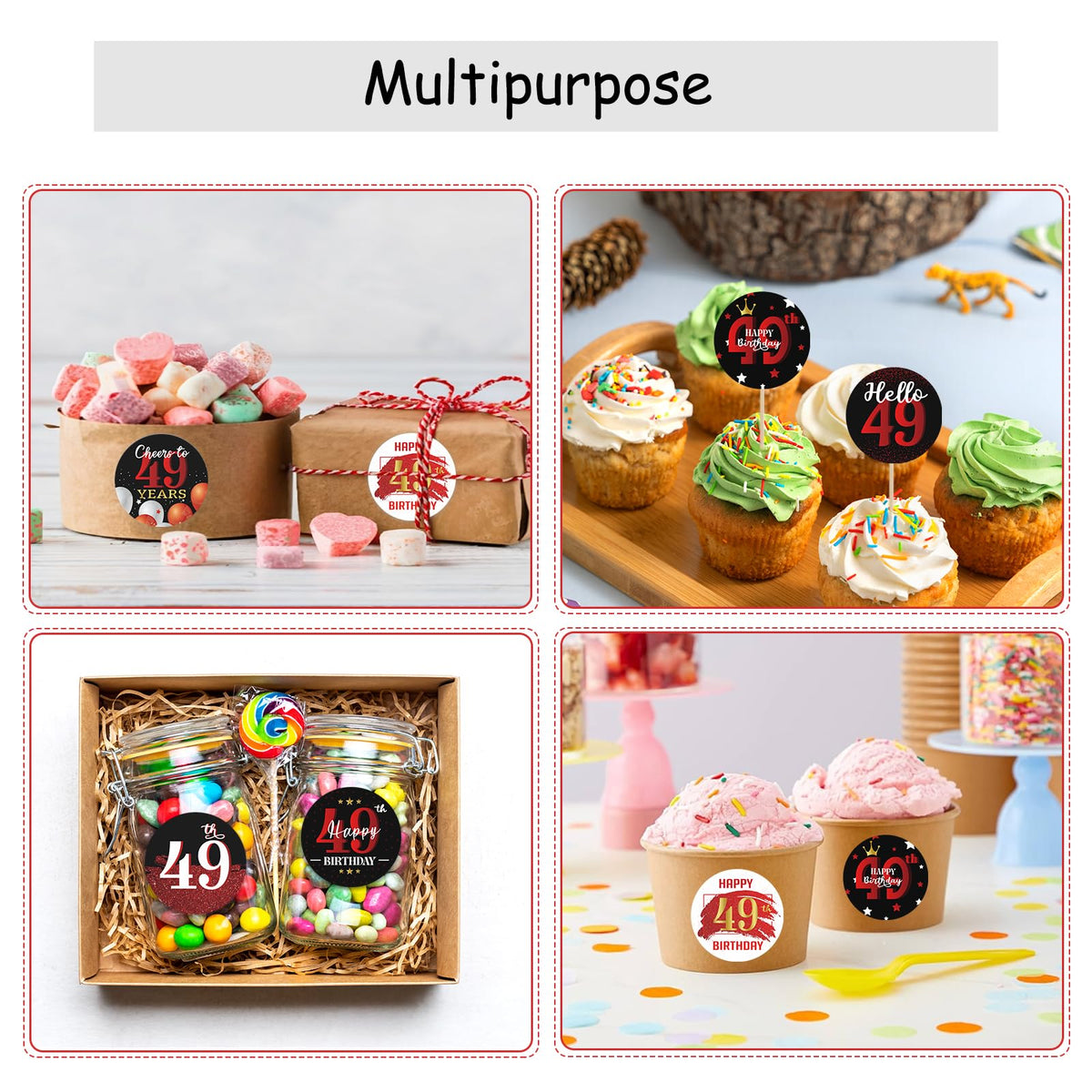 Happy 49th Birthday Party Favor Labels Chocolate Candy Stickers - 49 Years Old Birthday Round Candy Sticker Party Favors - Black and Red - 150