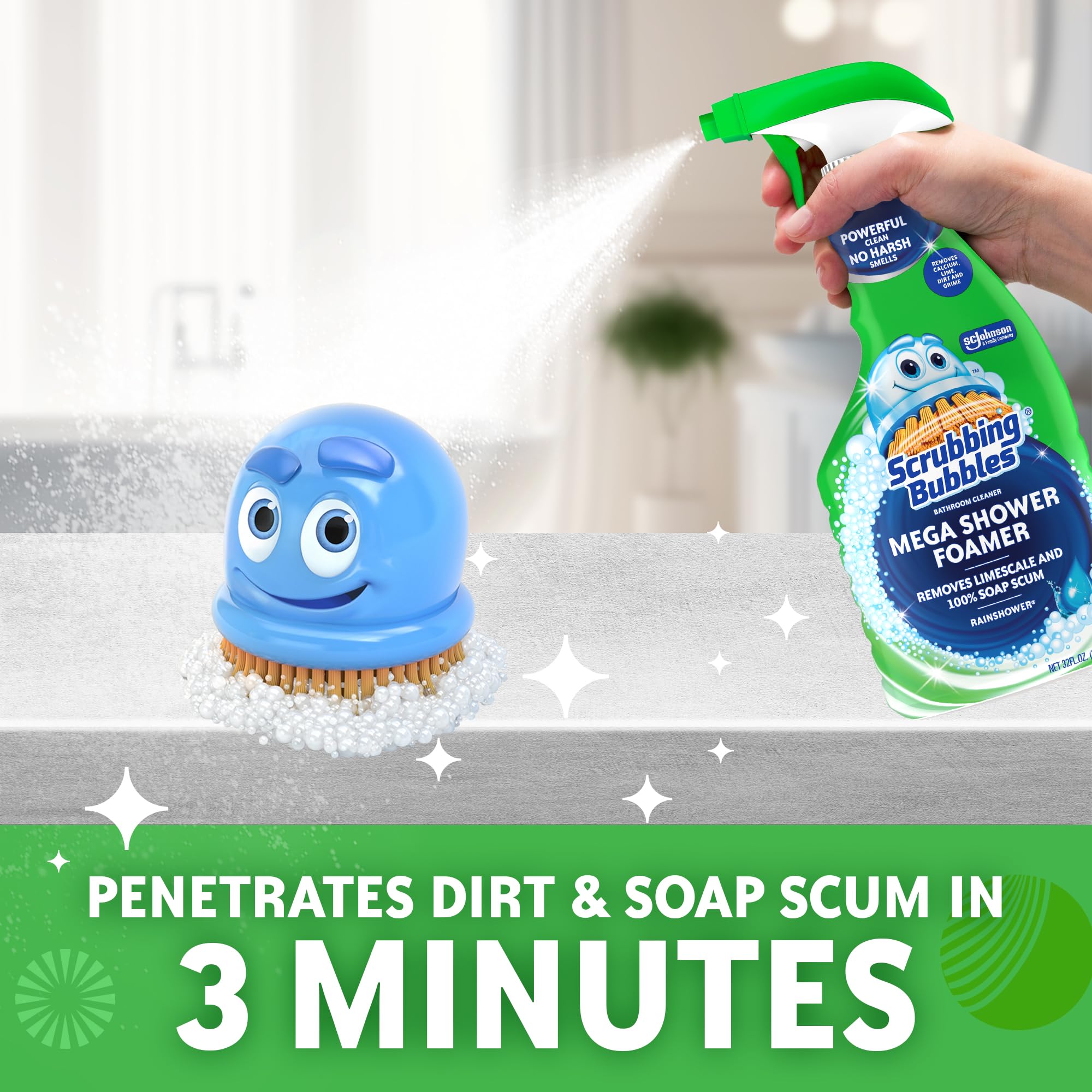 Scrubbing Bubbles Mega Bathroom and Shower Cleaner Spray, Foaming Action Removes Limescale and Soap Scum, Rainshower Scent, 32oz