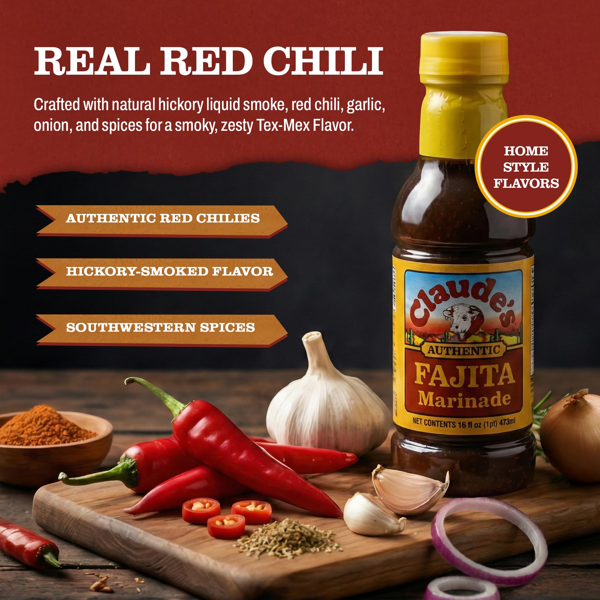 Claude's Authentic Fajita Marinade 16-oz (Pack of 6) Real Hickory Smoke, Red Chili Fajitas Sauce for Steak, Chicken, Pork or Shrimp Gluten-Free