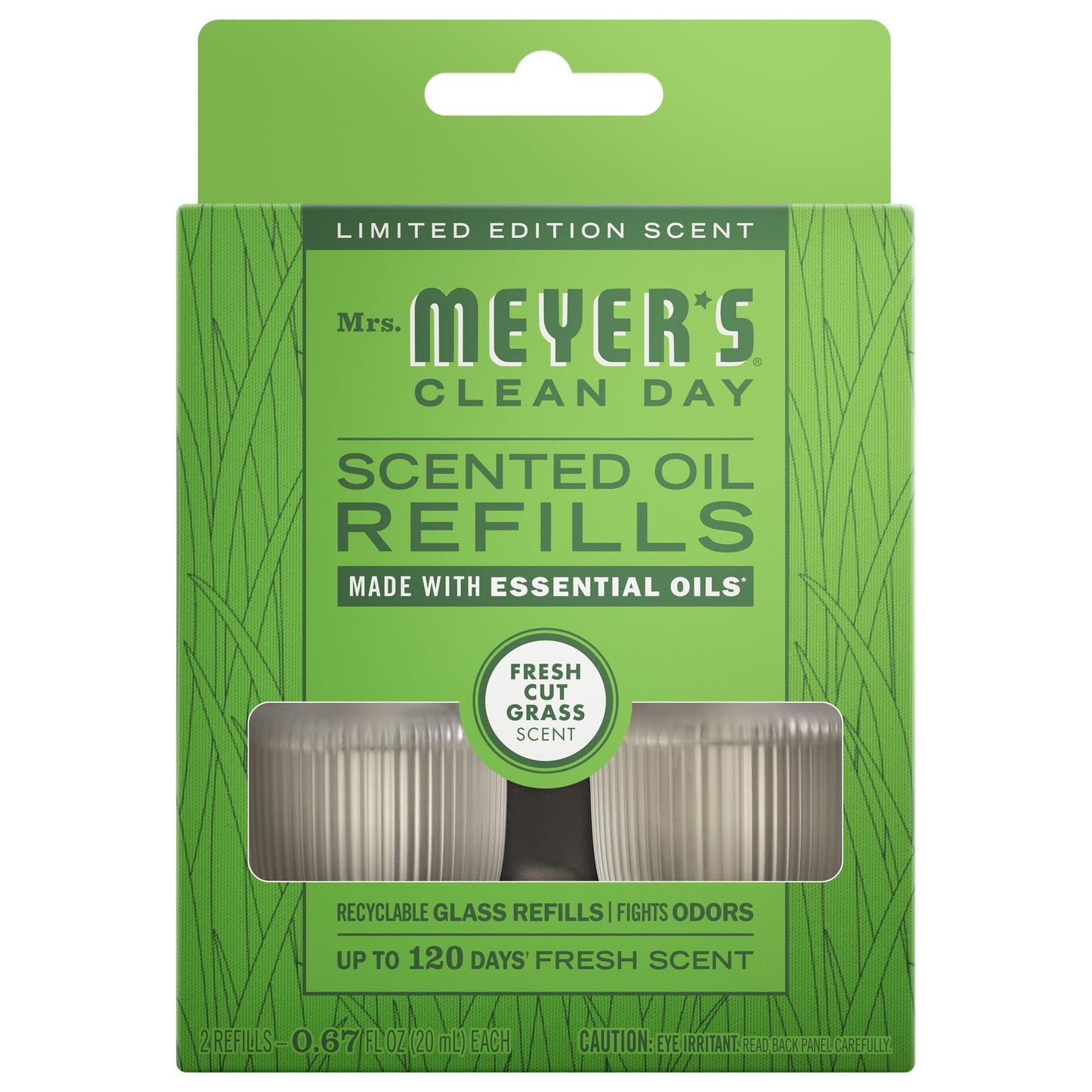 MRS. MEYER'S CLEAN DAY Premium Scented Oil Refills, Fresh Cut Grass, Contains 2 .67 fl oz Refills
