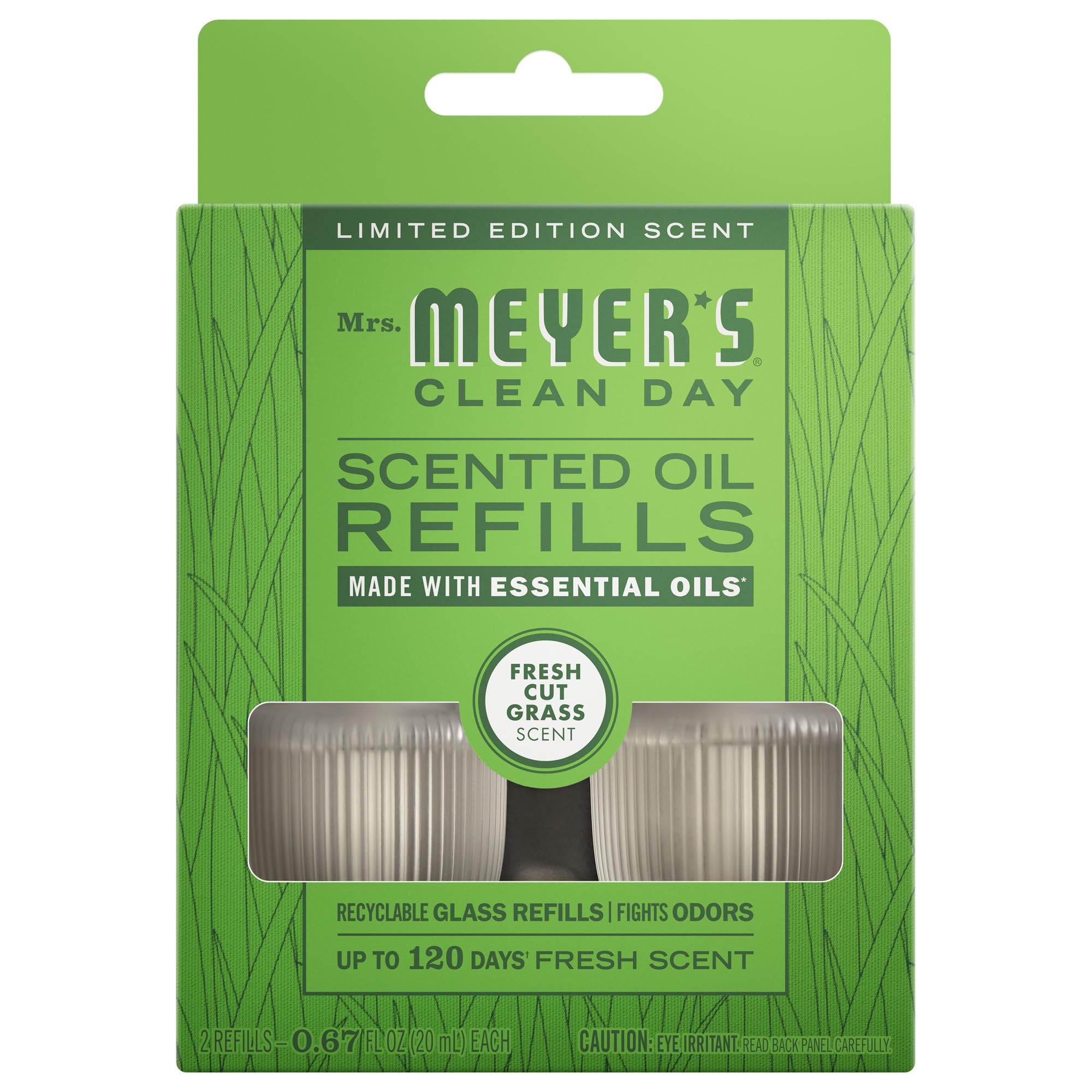 MRS. MEYER'S CLEAN DAY Premium Scented Oil Refills, Fresh Cut Grass, Contains 2 .67 fl oz Refills
