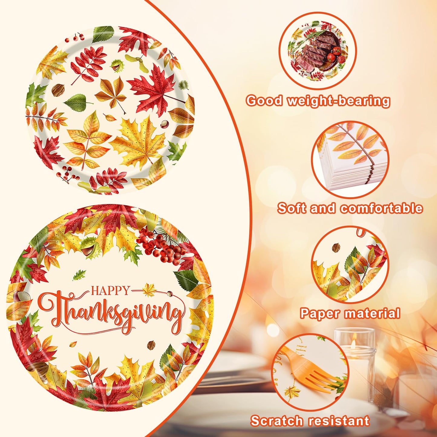 96 Pieces Fall Leaves Thanksgiving Tableware Set - Autumn-Themed Disposable Party Supplies with Paper Plates, Napkins, and Forks for Thanksgiving